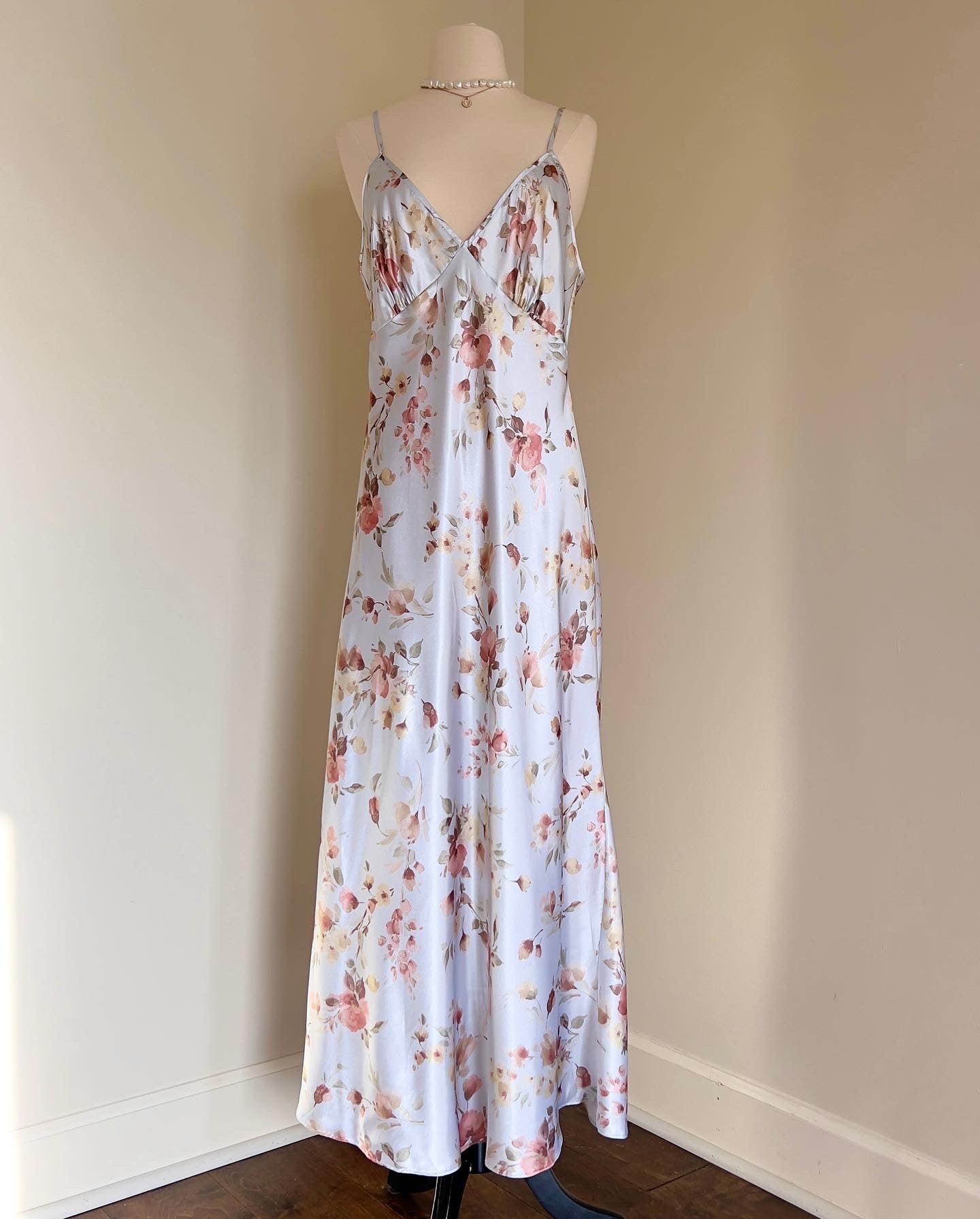 Satin Pastel Floral Print Maxi Dress