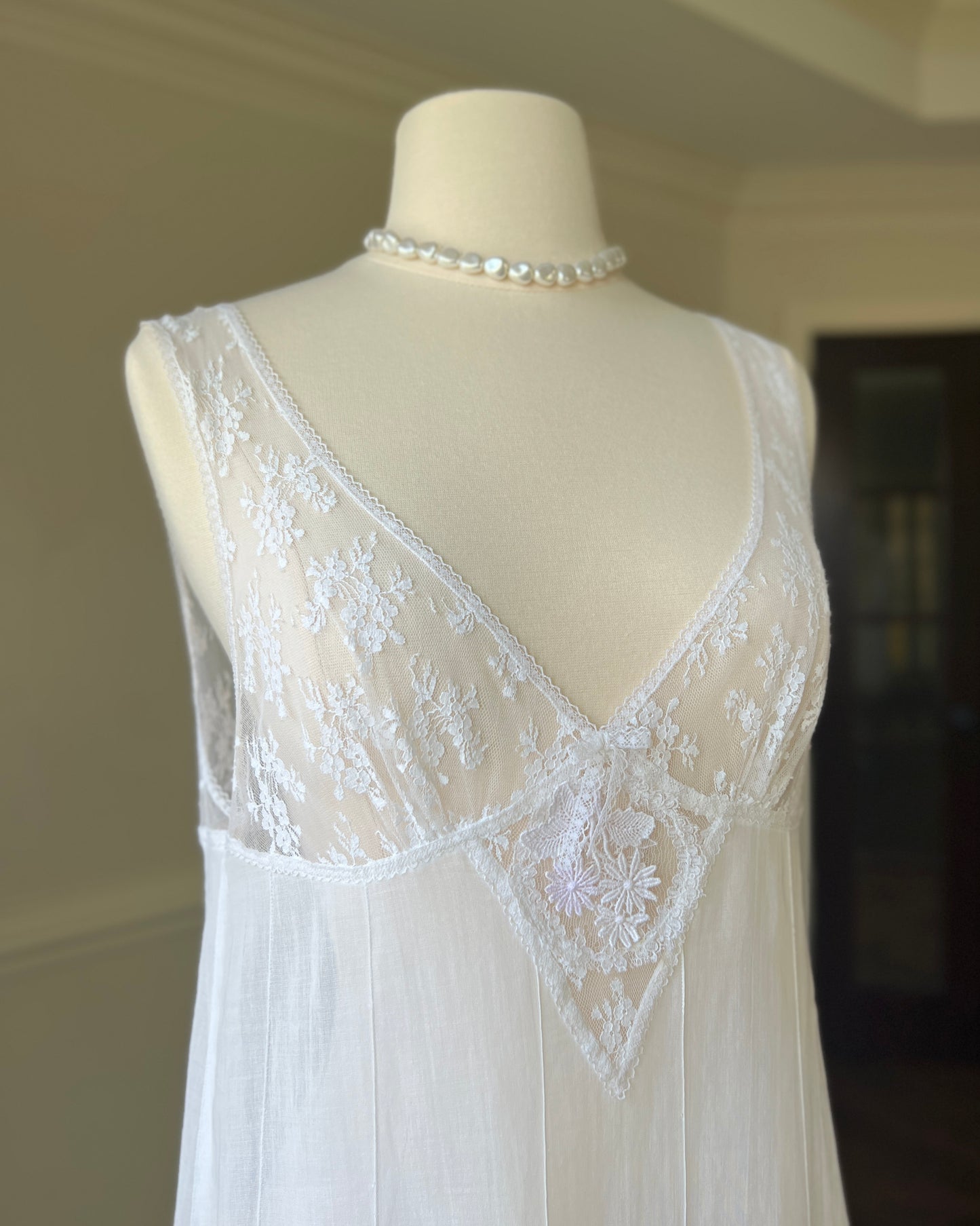 Ethereal Soft Sheer Linen Slip Dress featuring Laced Floral Embroidery