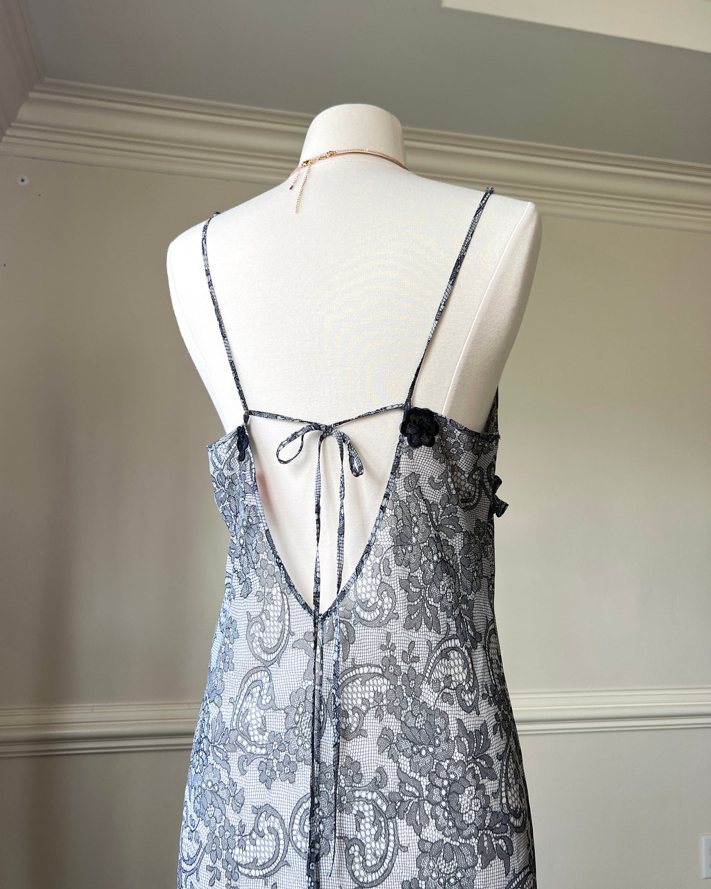 Eblin’s Sheer Maxi Dress featuring Overall Paisley Pattern with Ruffled Split Detail