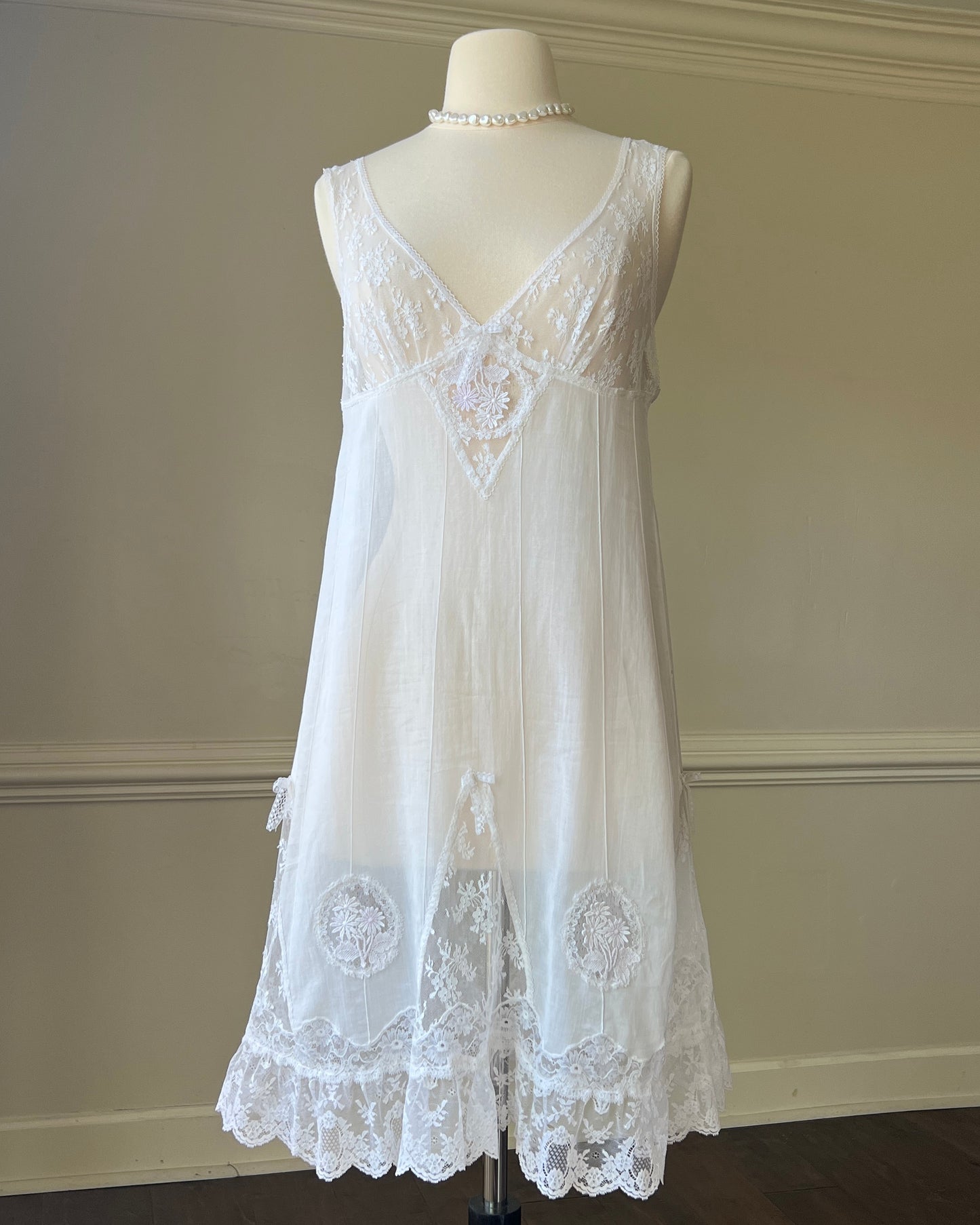 Ethereal Soft Sheer Linen Slip Dress featuring Laced Floral Embroidery