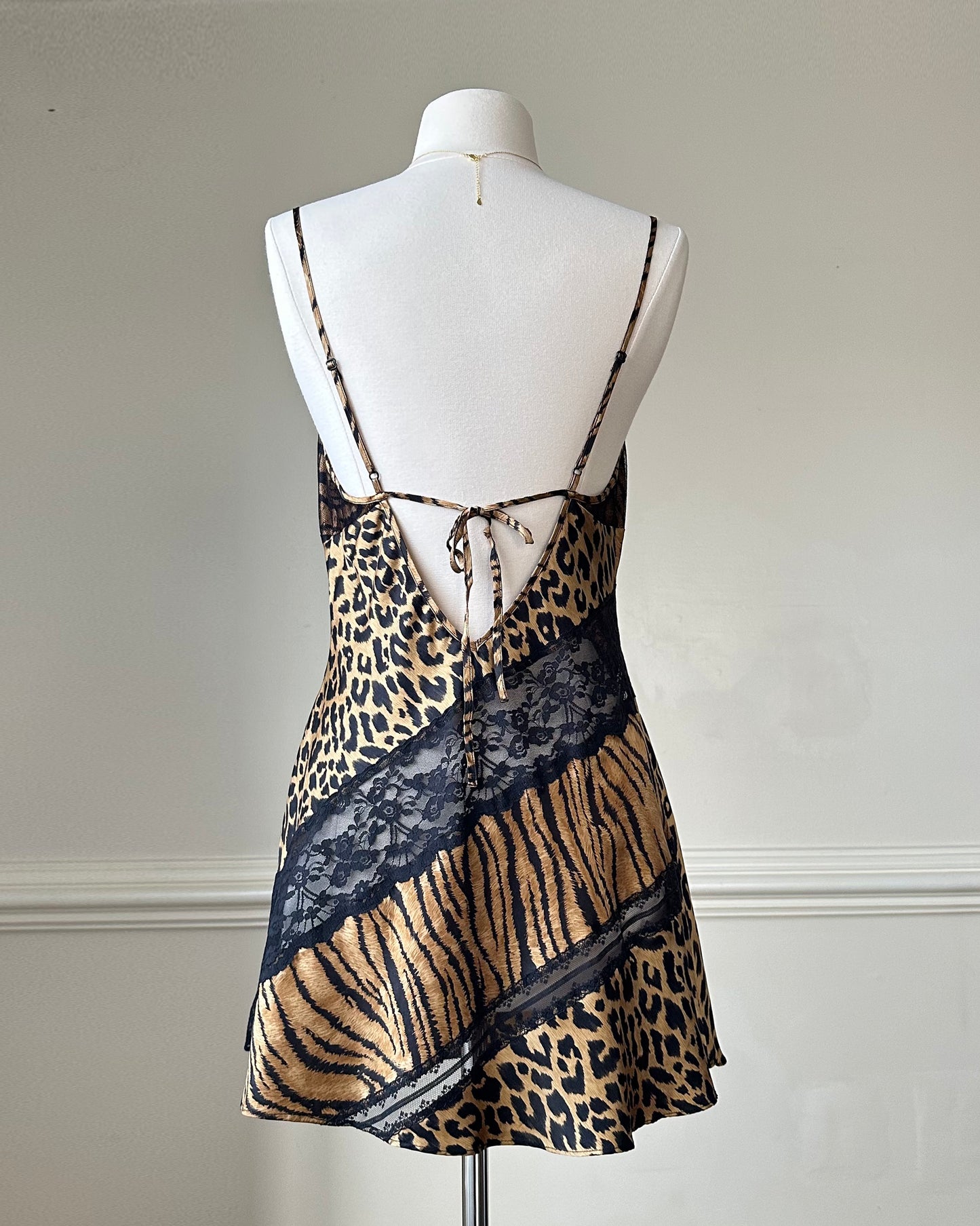 Victoria Secret’s Wild Animal Prints Slip Dress featuring Diagonal Sheer Lace Cutout