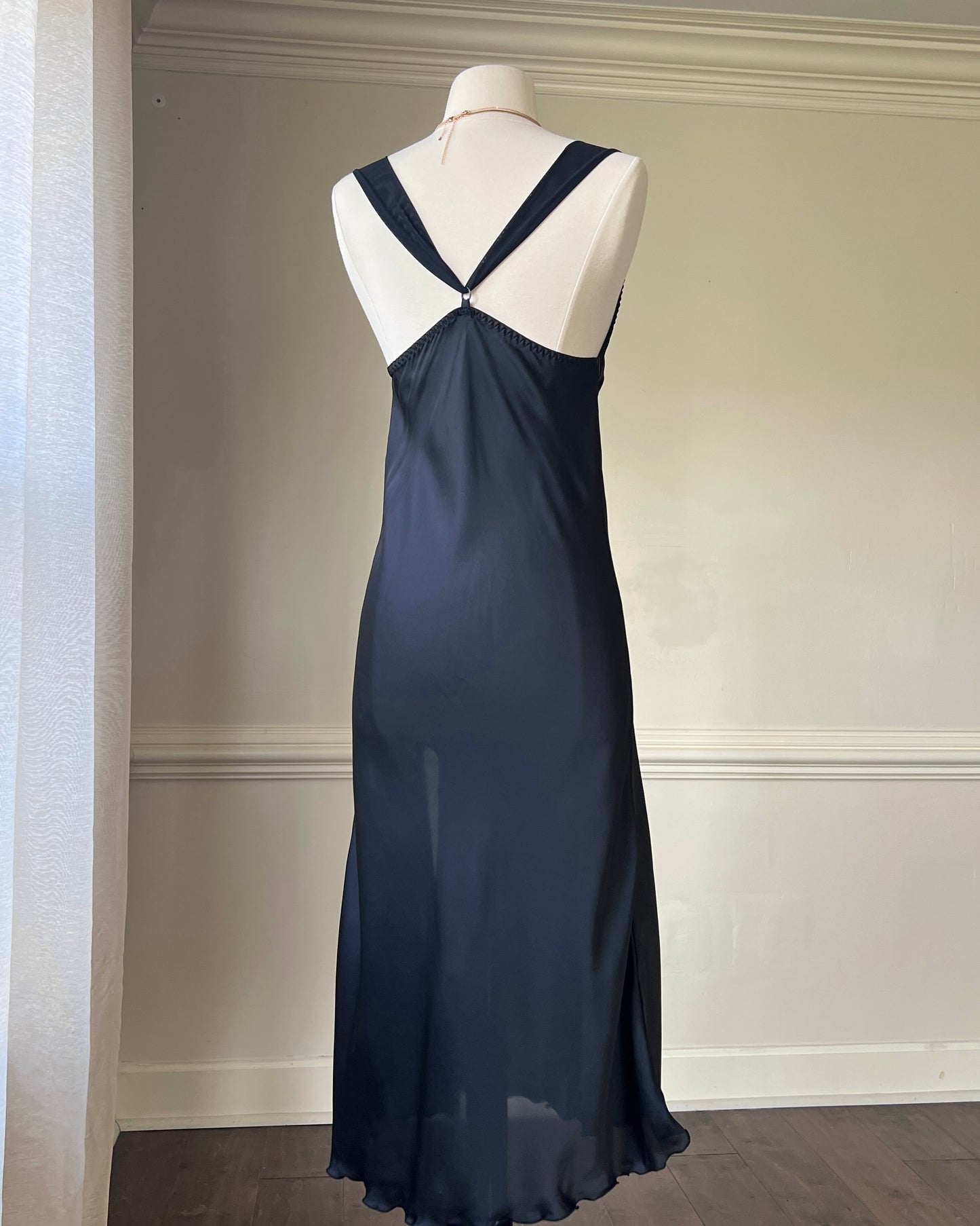 Luxurious VeraWang Satin Maxi Slip Dress featuring White Floral Embroidery Bustier Detail