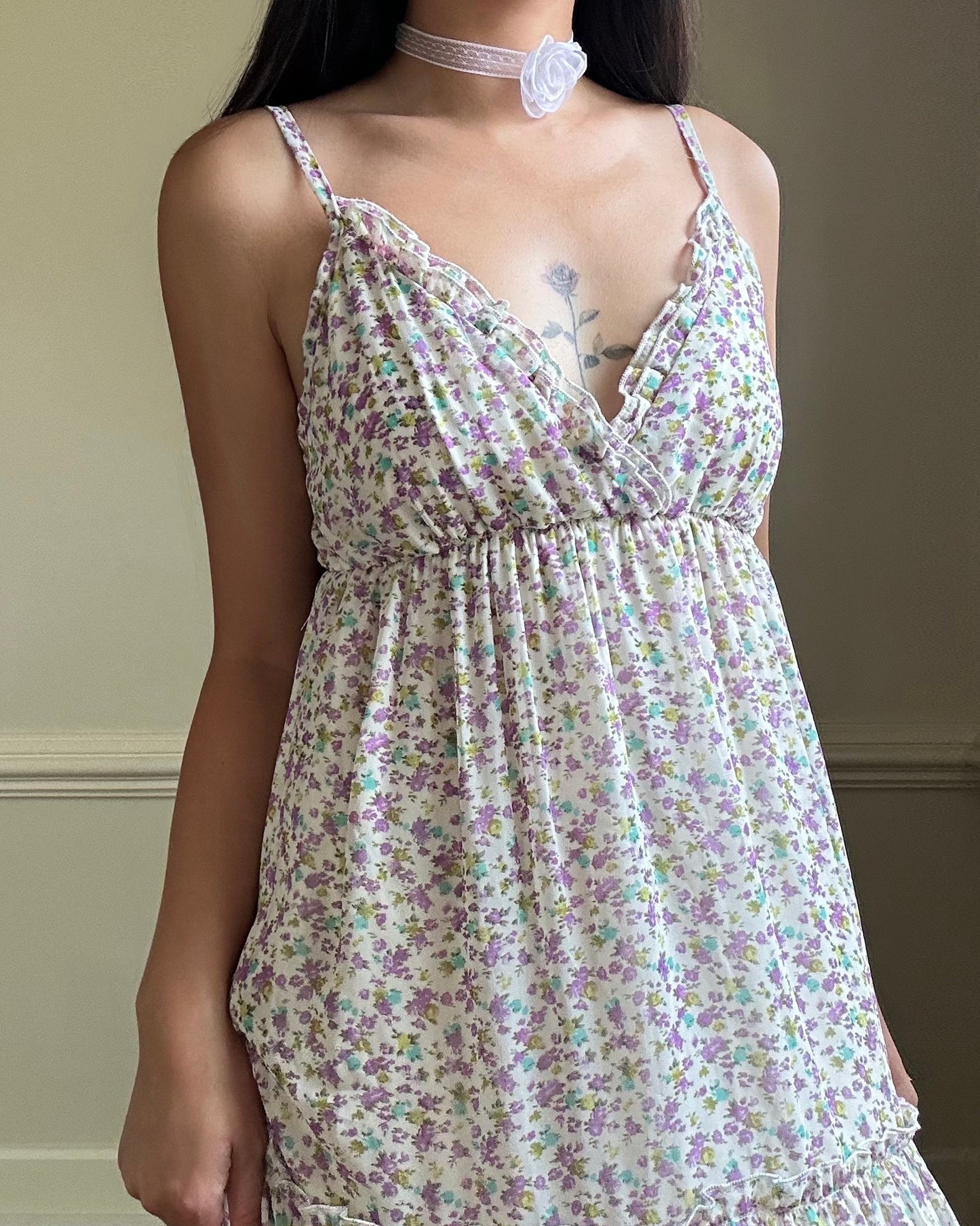 Vintage Soft White Maxi Dress featuring Ditsy Floral Prints