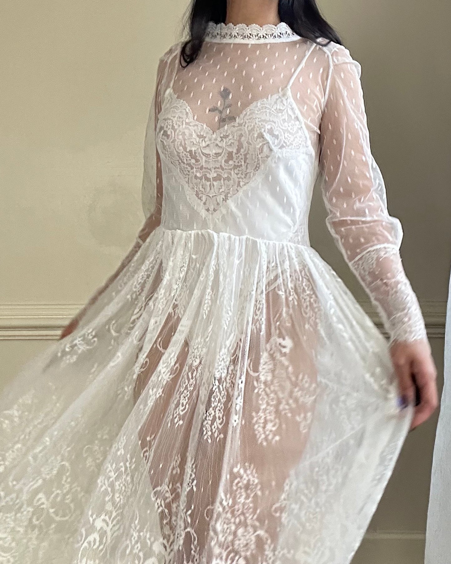 Sheer Victorian Inspired Long Sleeves Slip Dress featuring Intricate Floral Pattern