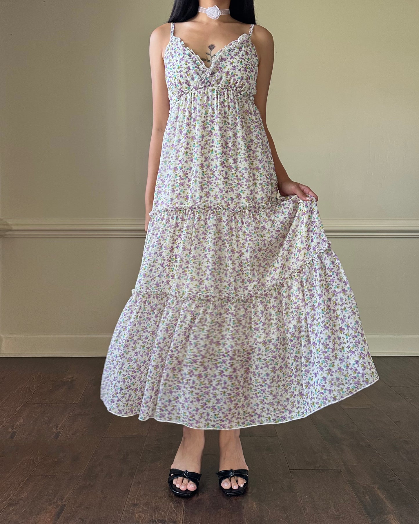 Vintage Soft White Maxi Dress featuring Ditsy Floral Prints