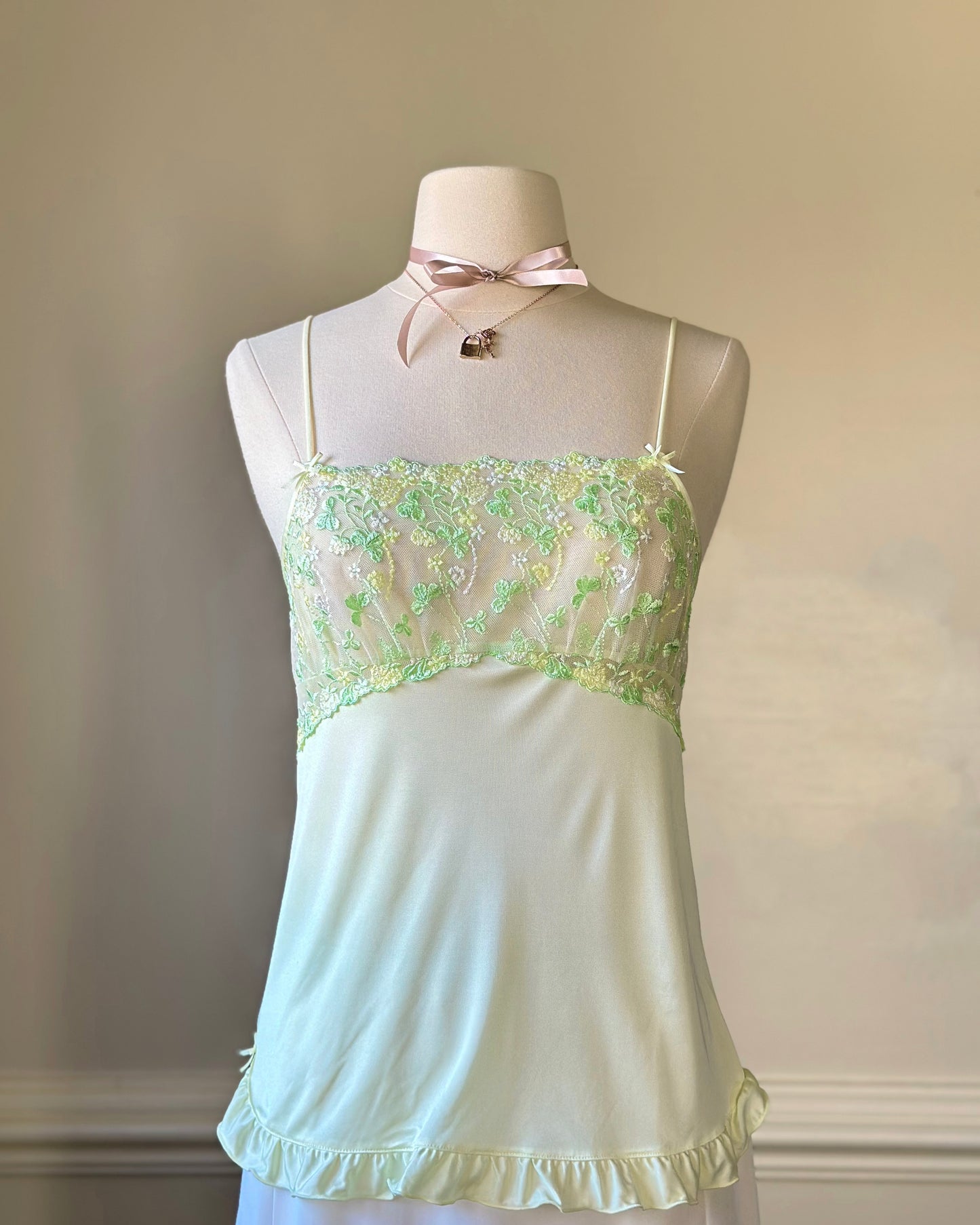 Fairycore soft green camisole featuring leaves and floral embroidered bust