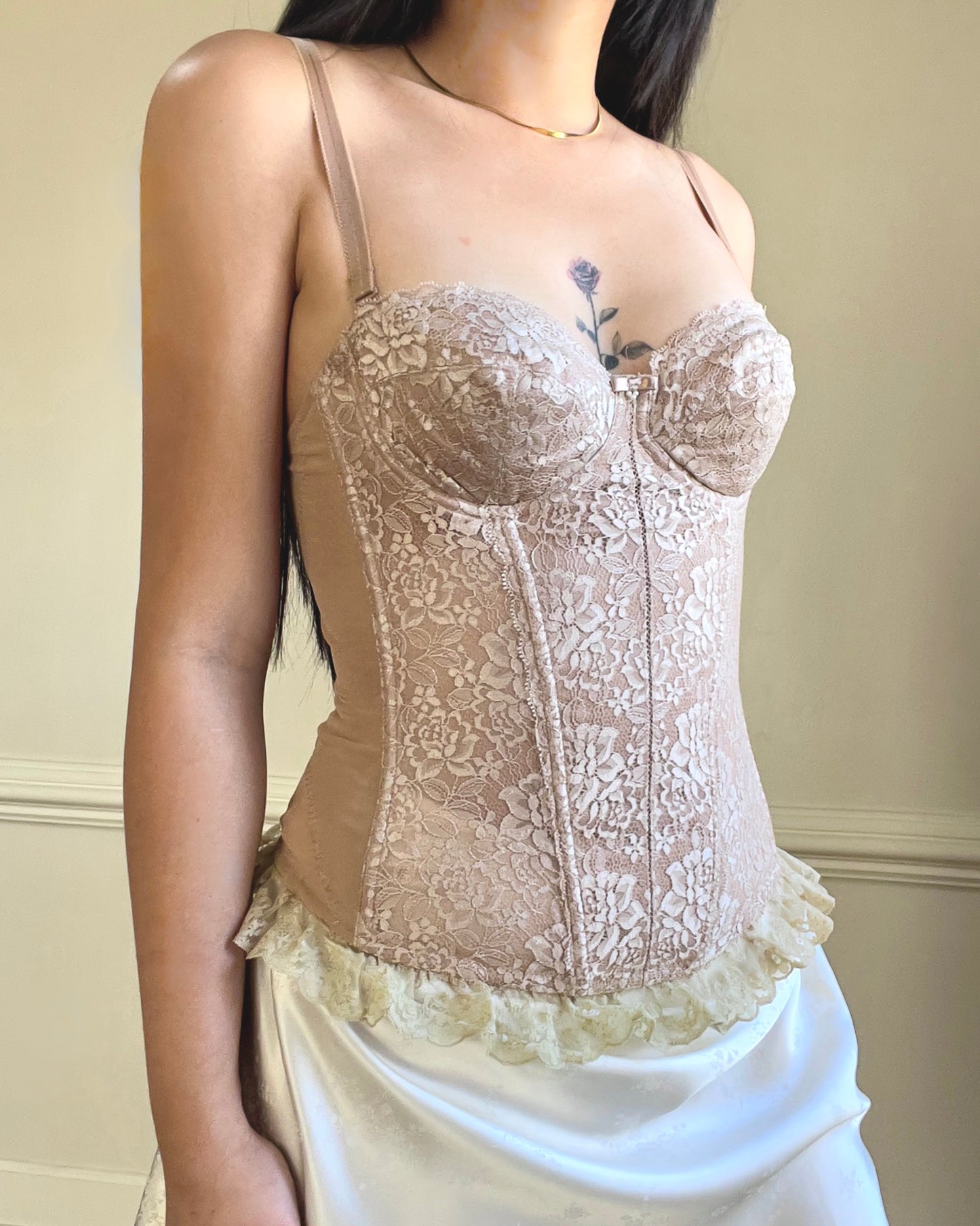 Gorgeous Victorian Bustier Underwired Corset In Nude Tan with Floral Embroidery