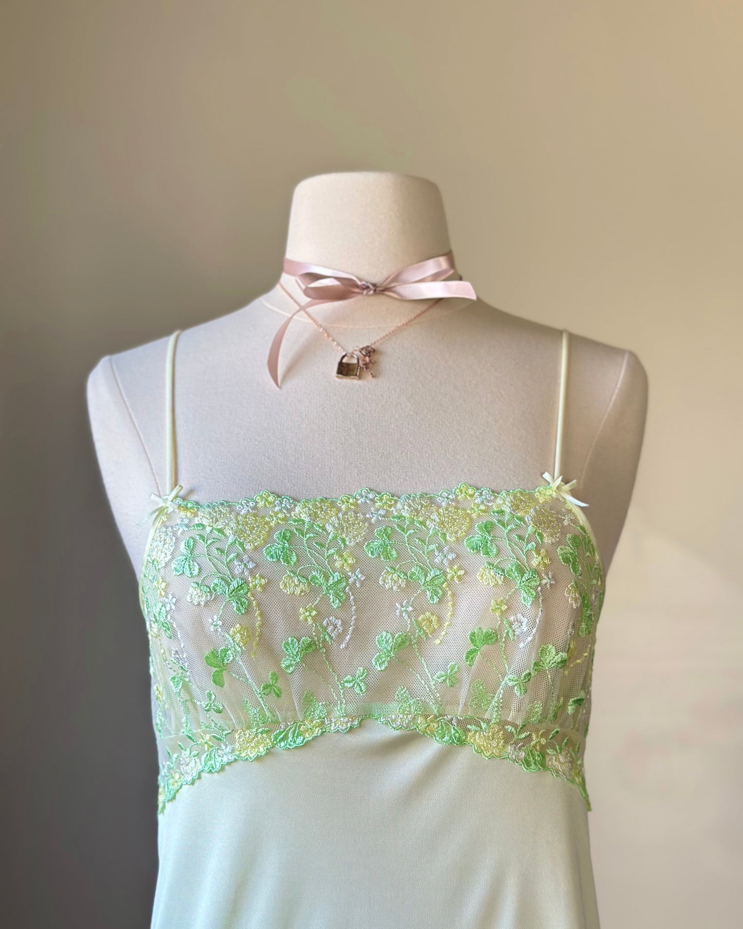 Fairycore soft green camisole featuring leaves and floral embroidered bust