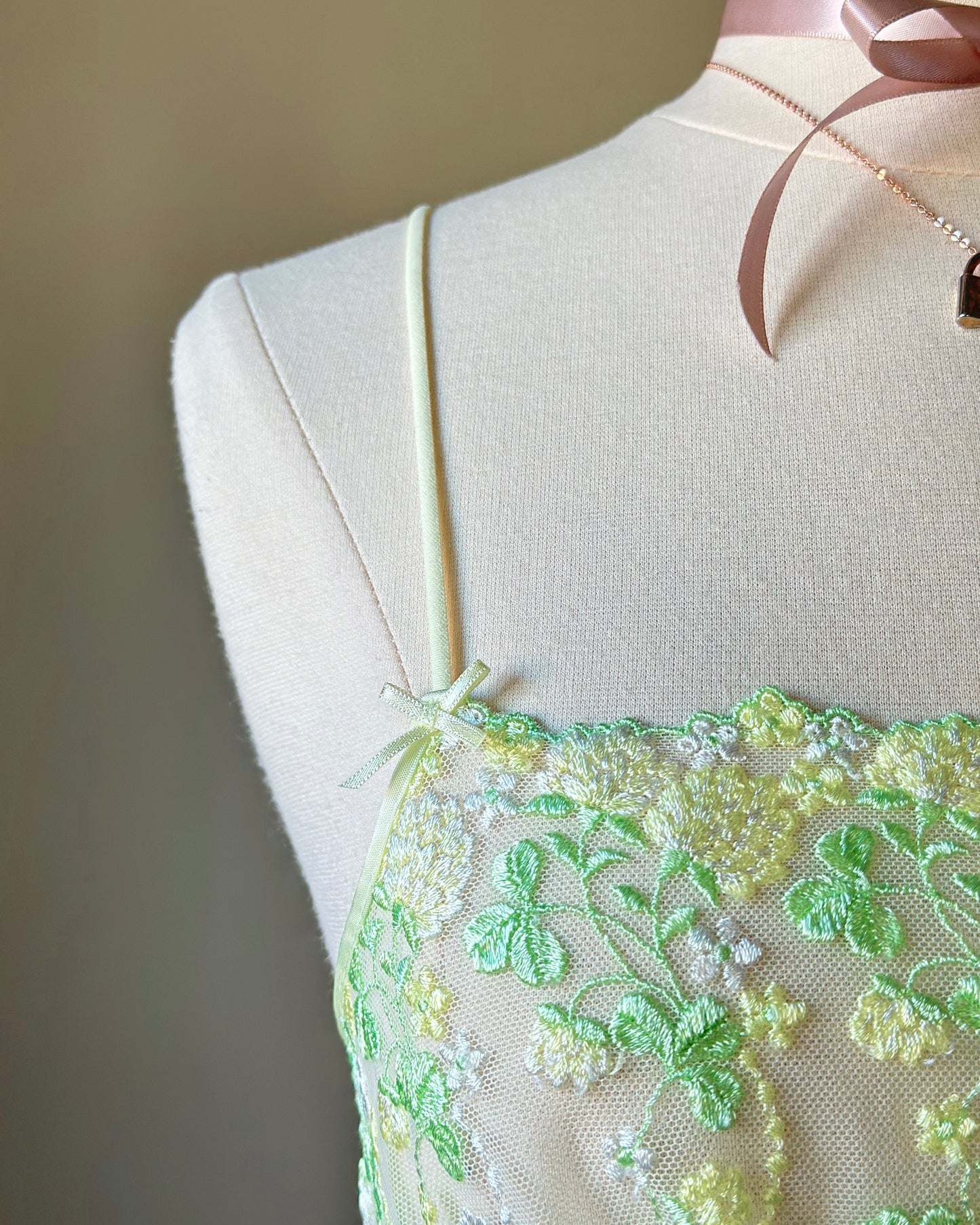 Fairycore soft green camisole featuring leaves and floral embroidered bust