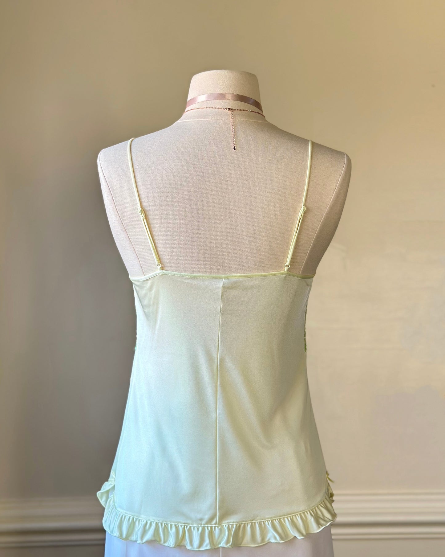 Fairycore soft green camisole featuring leaves and floral embroidered bust