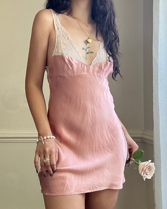 Victoria’s Secret Sunset Pink Silk Slip Dress featuring Floral Embroidery Cup