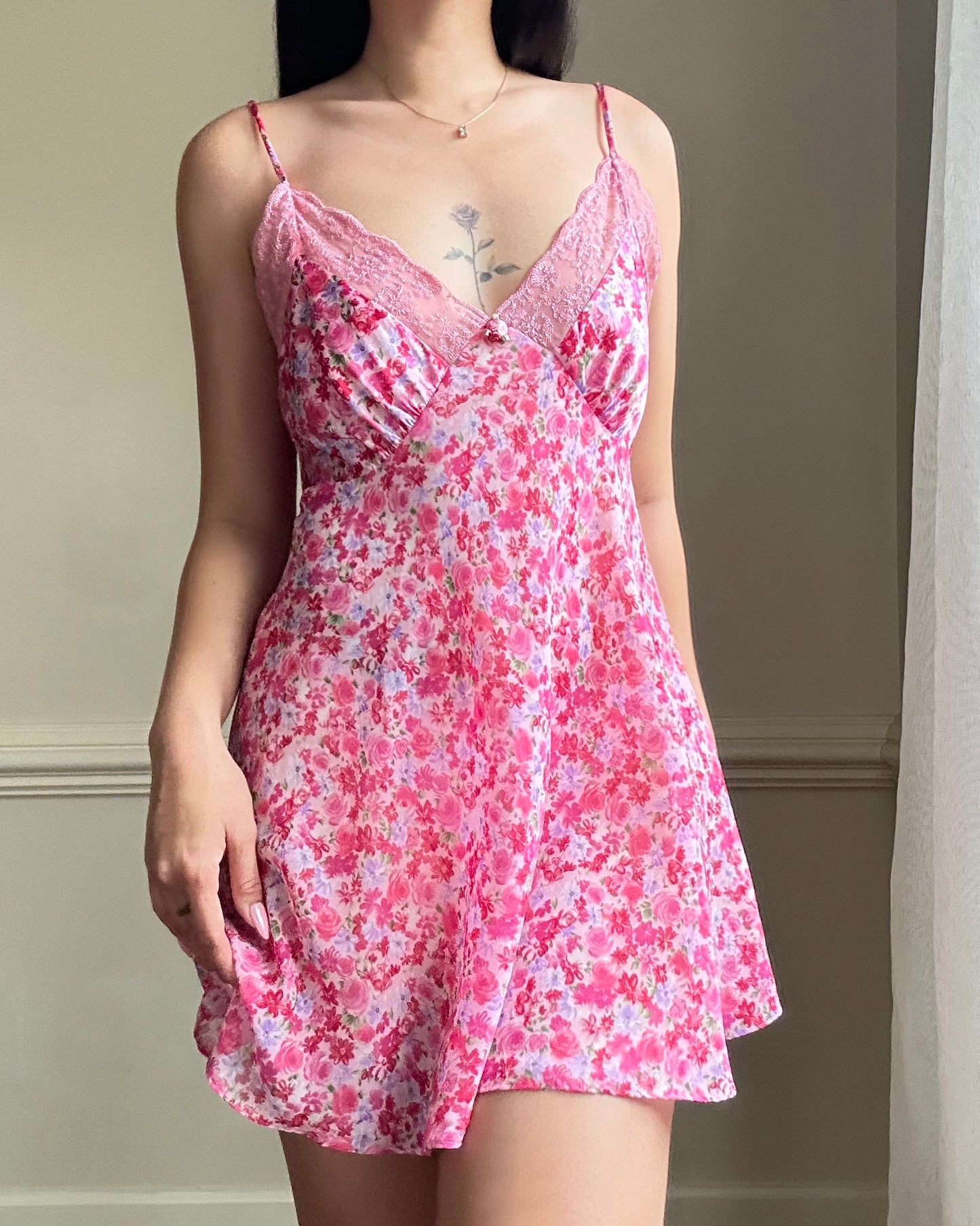 Ditsy Floral Slip Ddress featuring Variety of Reds and Pink Flowers Print