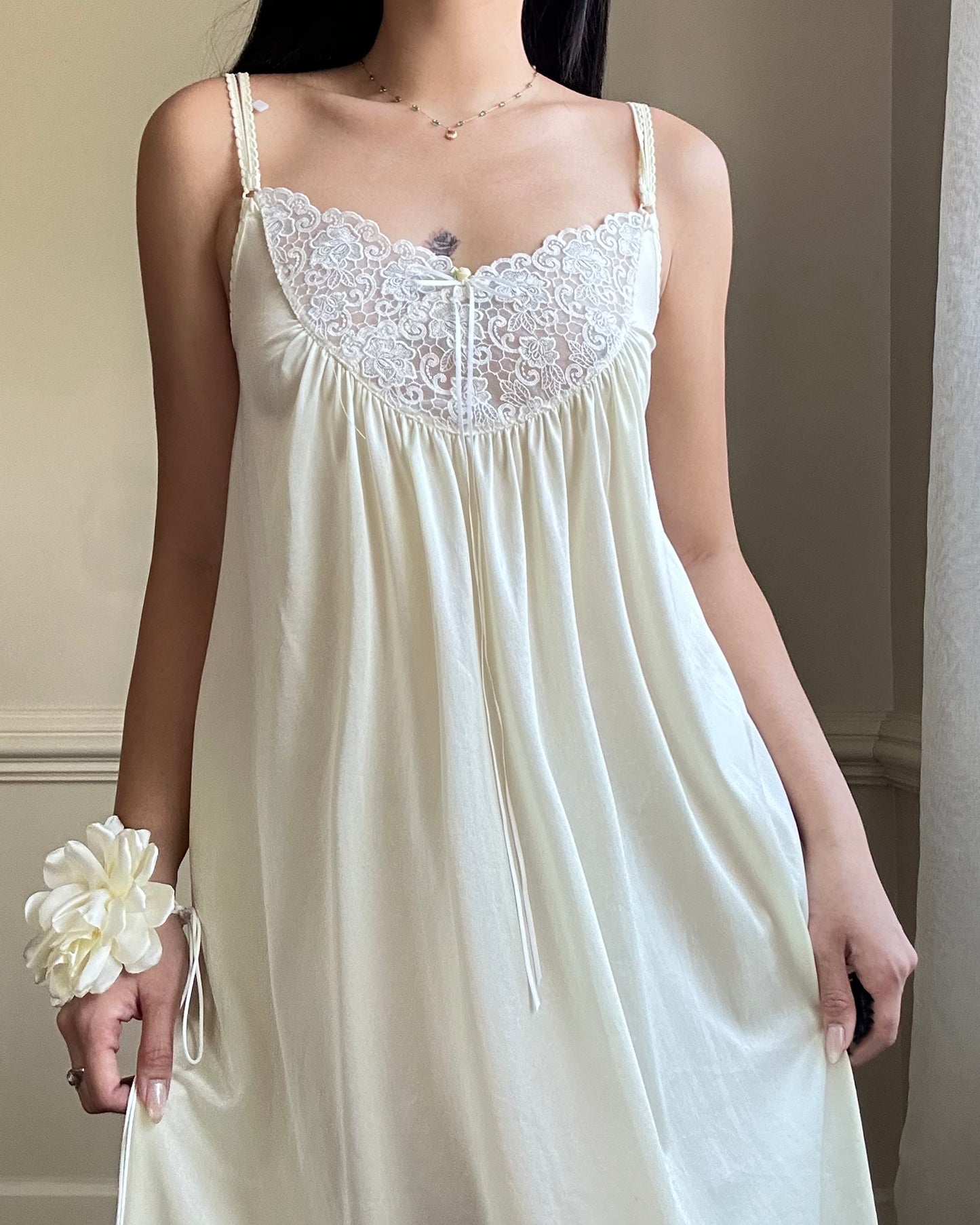 Victorian Inspired Pastel Yellow Midi Dress featuring Intricate Floral Embroidery