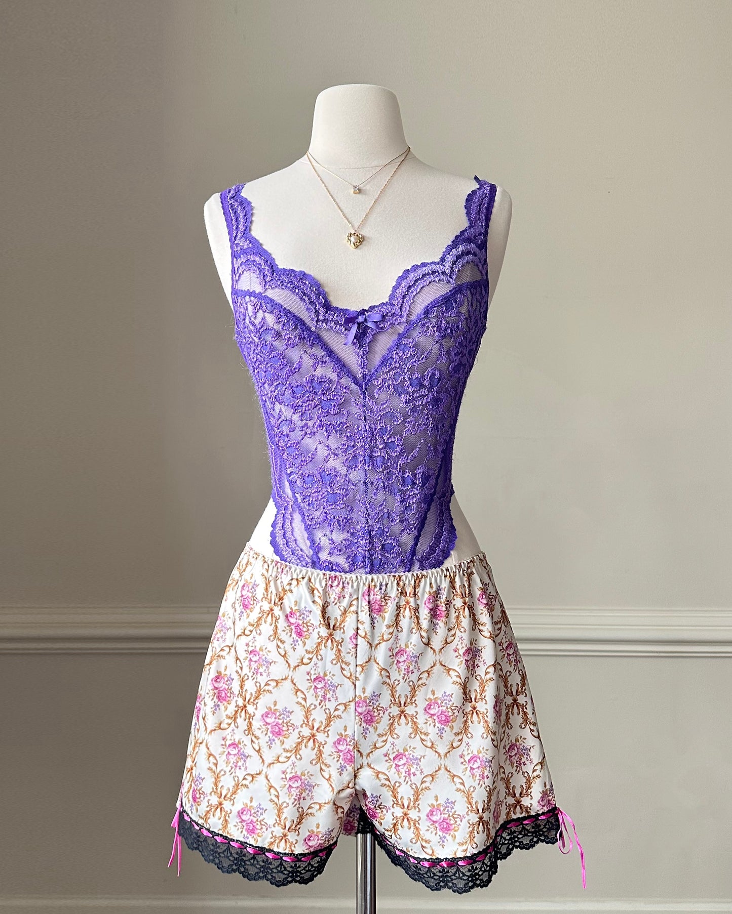 Satin Short featuring Brocade Pattern with Lace Trimmings