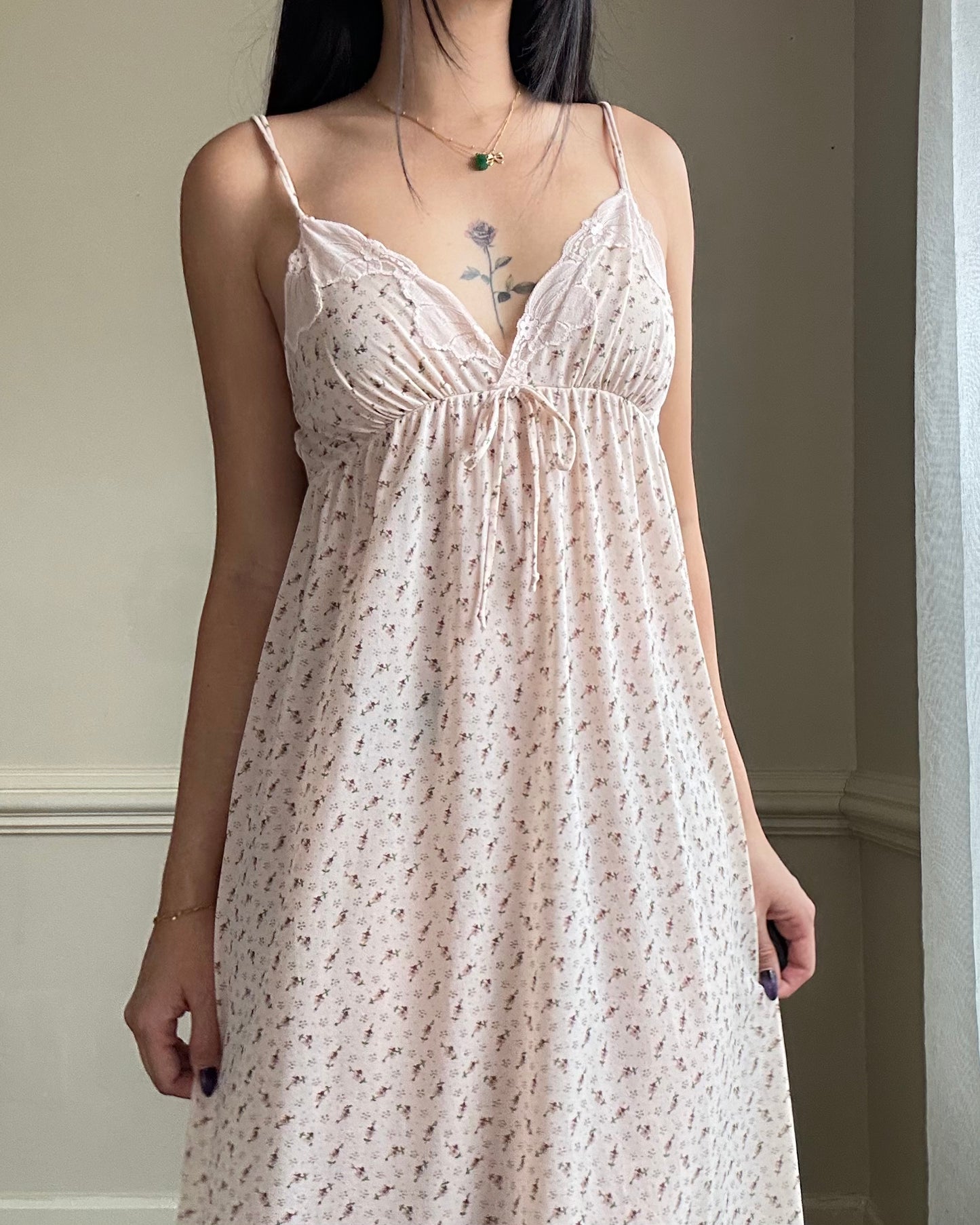 Vintage Maxi Dress featuring Ditsy Floral Prints on Sheer Blush Pink Fabric