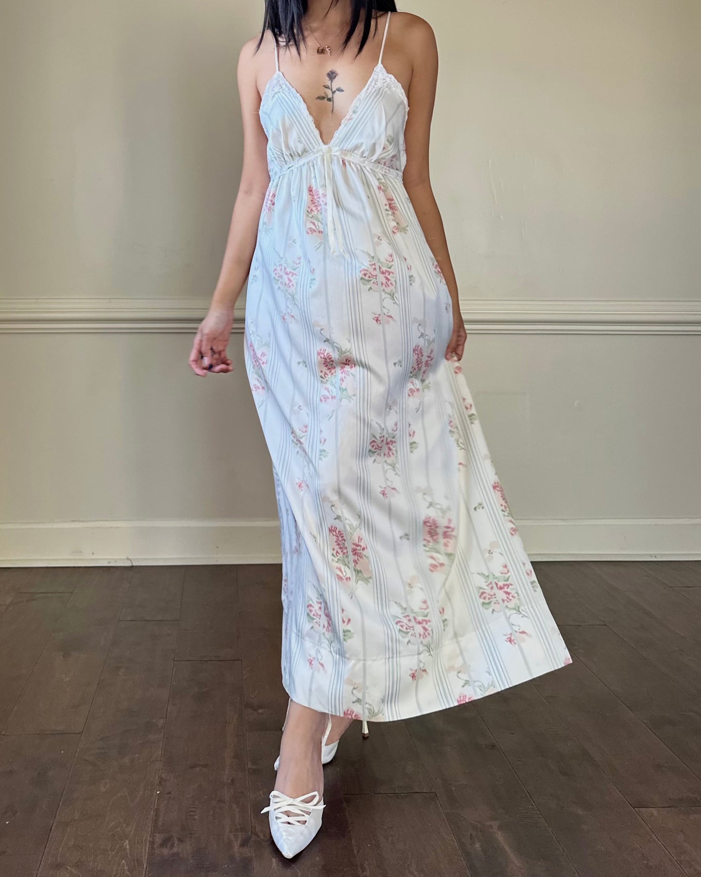 Stunning Vintage 90's Dior Maxi Satin Dress featuring Rosette Pattern with Pinstripes