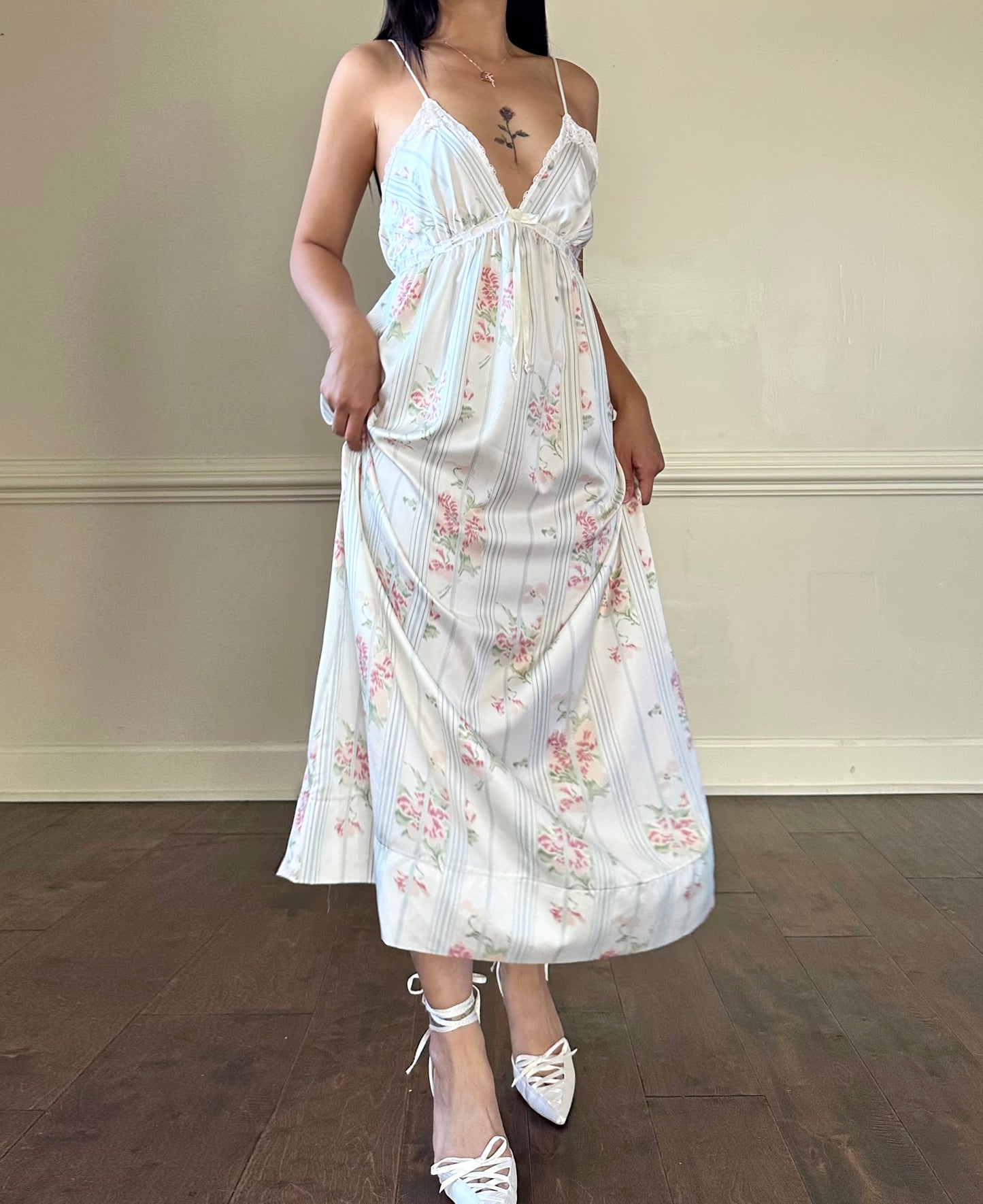 Stunning Vintage 90's Dior Maxi Satin Dress featuring Rosette Pattern with Pinstripes