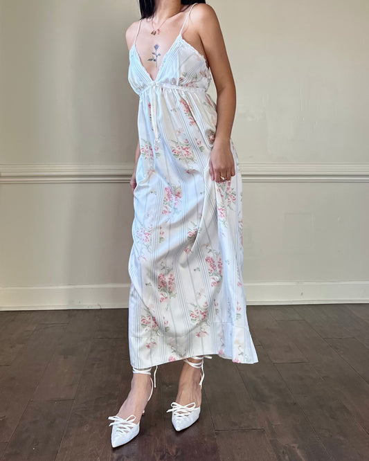 Stunning Vintage 90's Dior Maxi Satin Dress featuring Rosette Pattern with Pinstripes