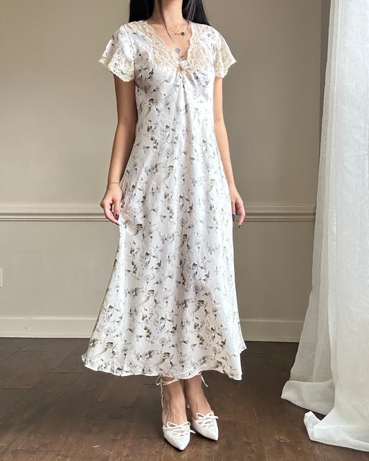 Elegant Vintage Dior Satin Maxi Dress featuring White Peony Prints