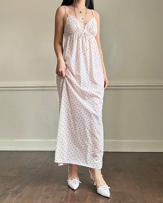 Vintage Maxi Dress featuring Ditsy Floral Prints on Sheer Blush Pink Fabric