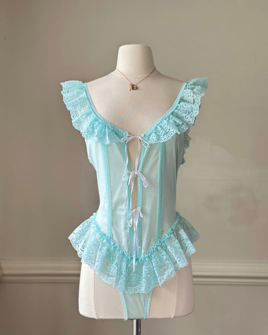 Vintage Alana Gale powder blue ruffle teddy bodysuit