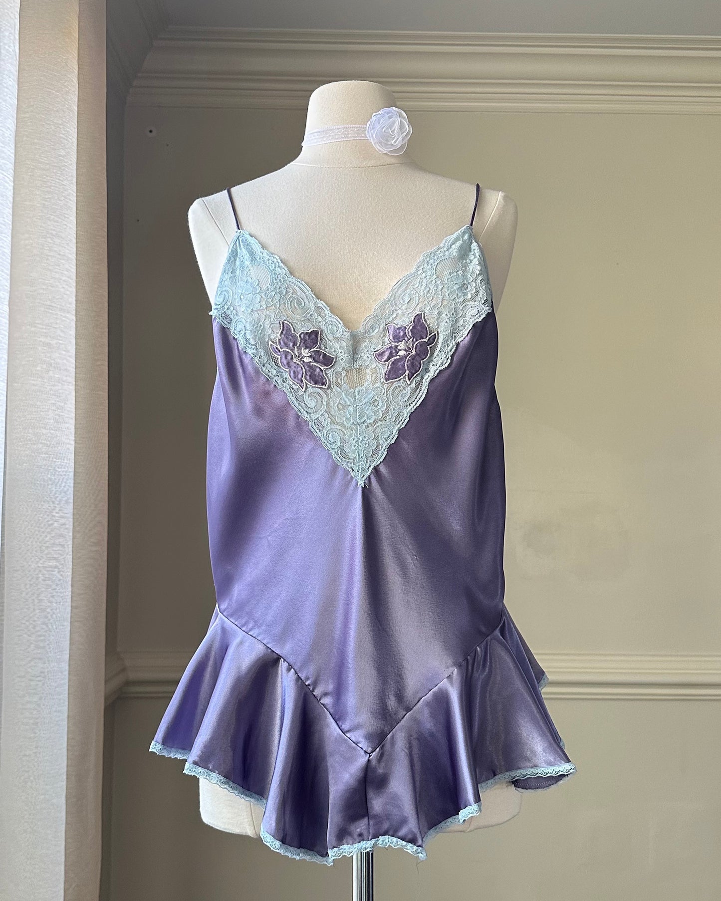 Vintage Satin Slip Dress in Eggplant Purple featuring Lace V Cutout