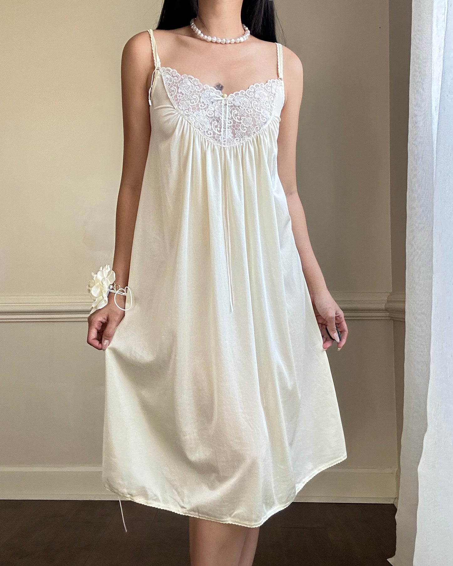 Victorian Inspired Pastel Yellow Midi Dress featuring Intricate Floral Embroidery