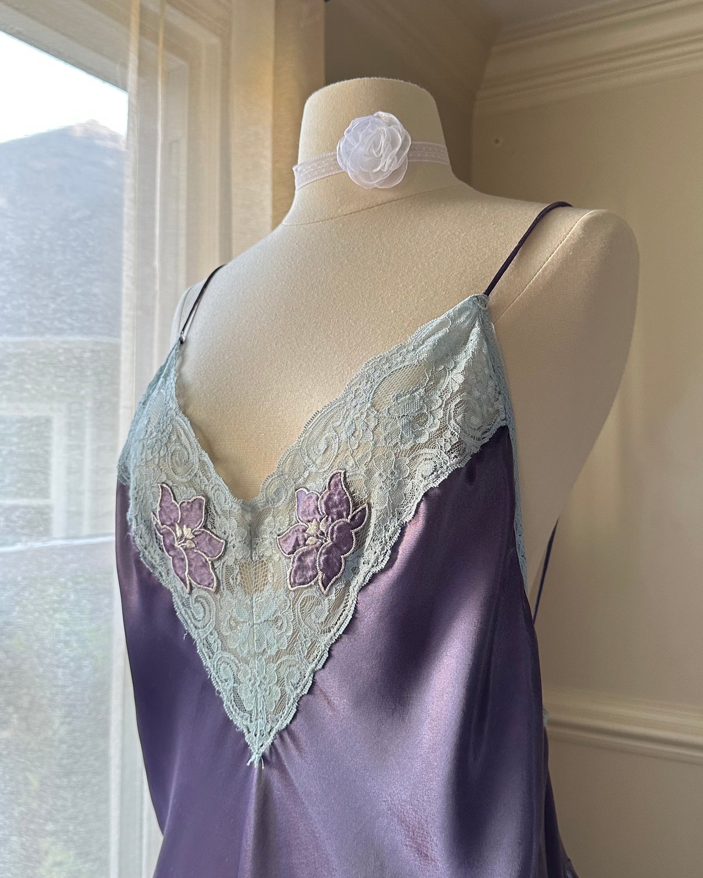 Vintage Satin Slip Dress in Eggplant Purple featuring Lace V Cutout