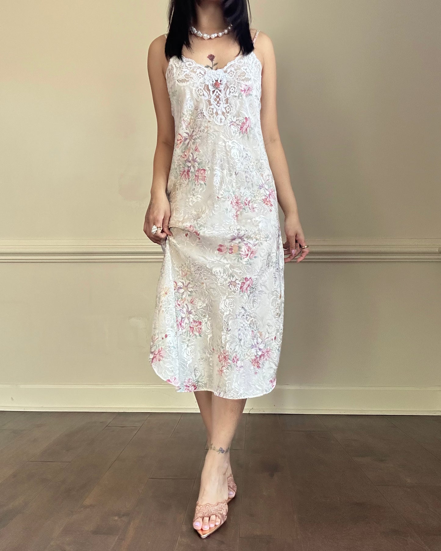 Vintage ivory satin slip dress with a bold pastel floral print