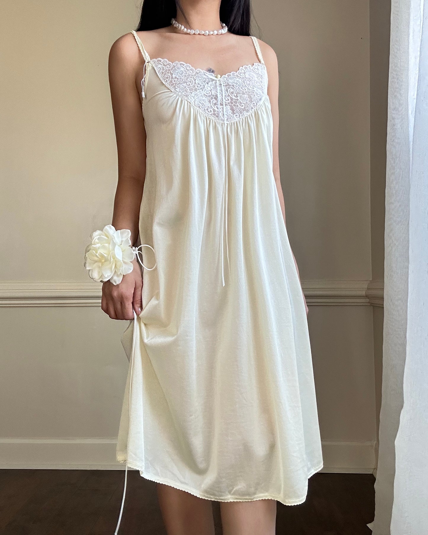 Victorian Inspired Pastel Yellow Midi Dress featuring Intricate Floral Embroidery