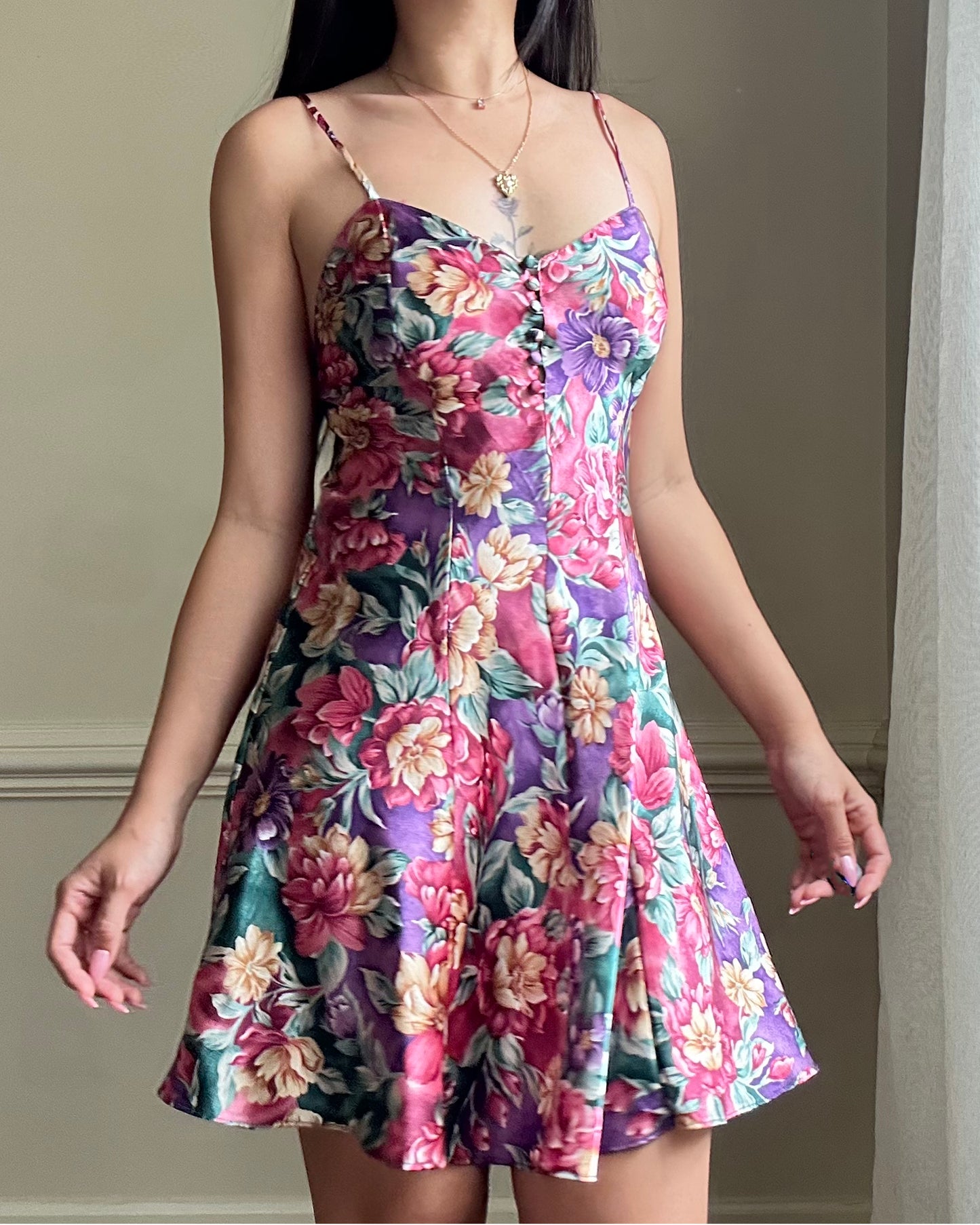 Vibrant Floral Satin Dress featuring Shades of Spring Colored Flower Bouquet Prints