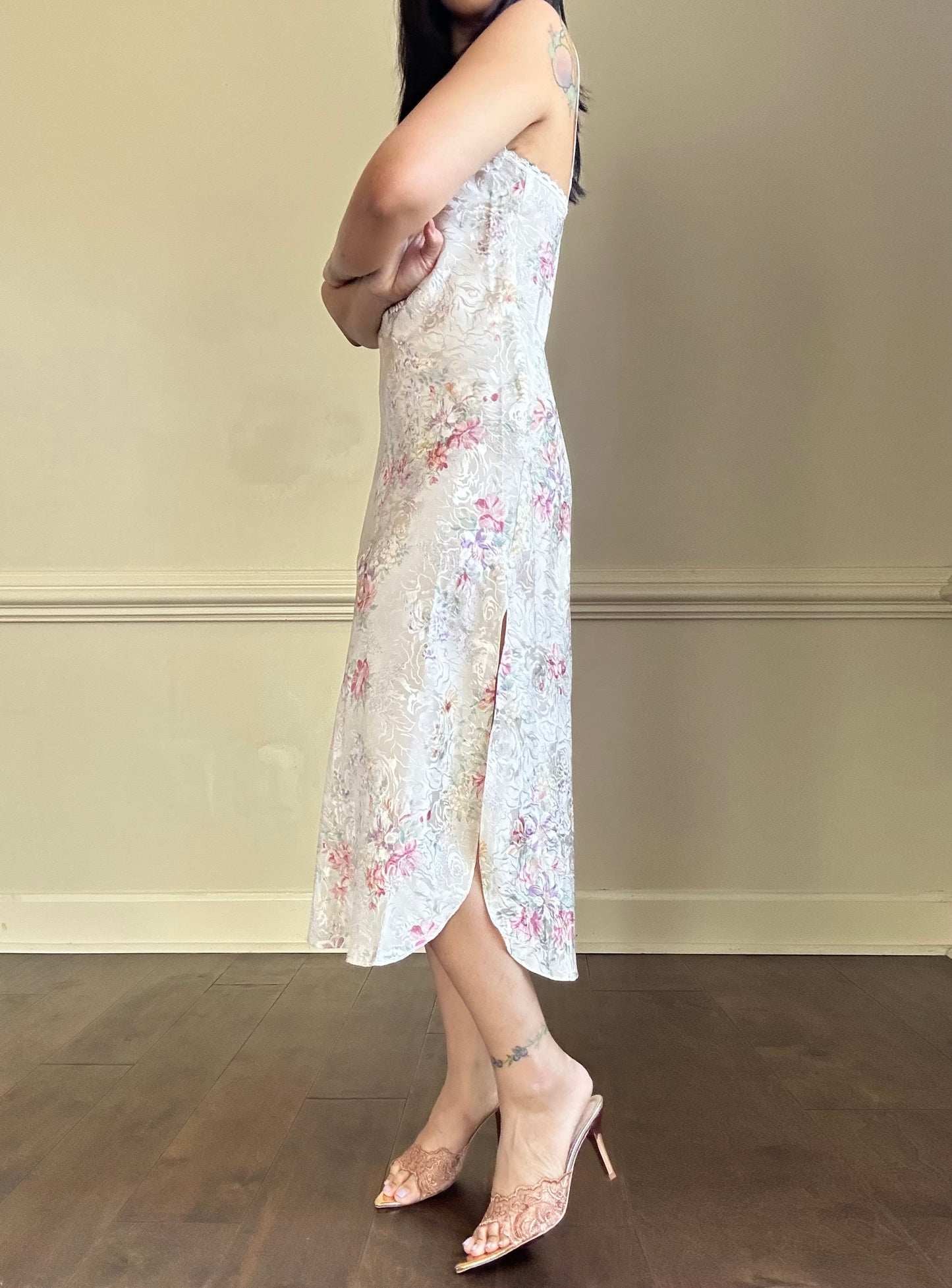 Vintage ivory satin slip dress with a bold pastel floral print