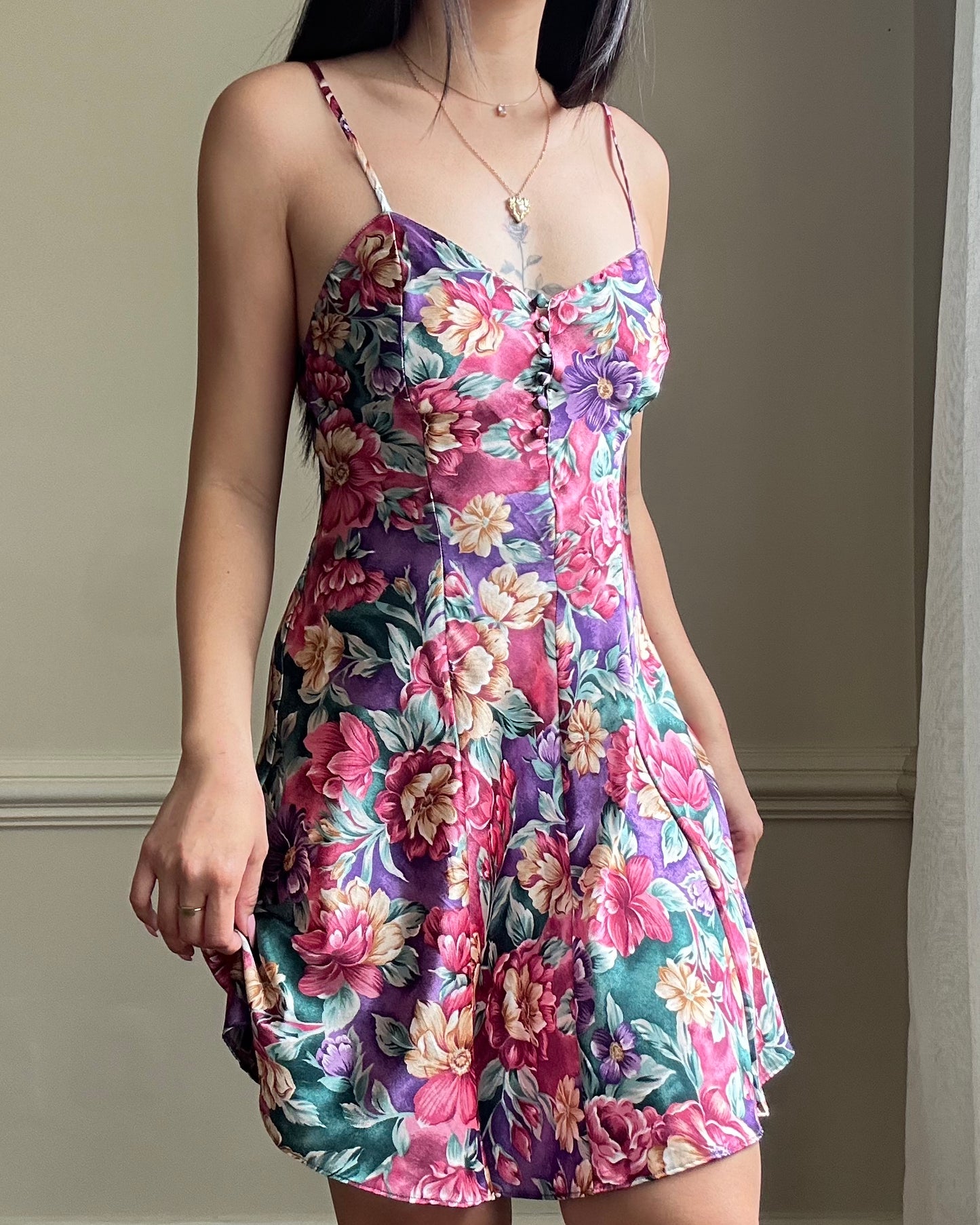 Vibrant Floral Satin Dress featuring Shades of Spring Colored Flower Bouquet Prints