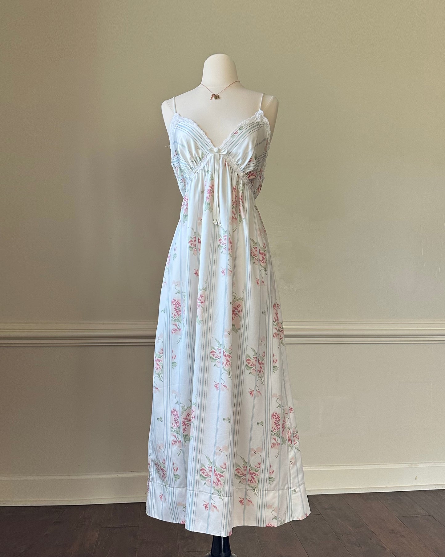 Stunning Vintage 90's Dior Maxi Satin Dress featuring Rosette Pattern with Pinstripes