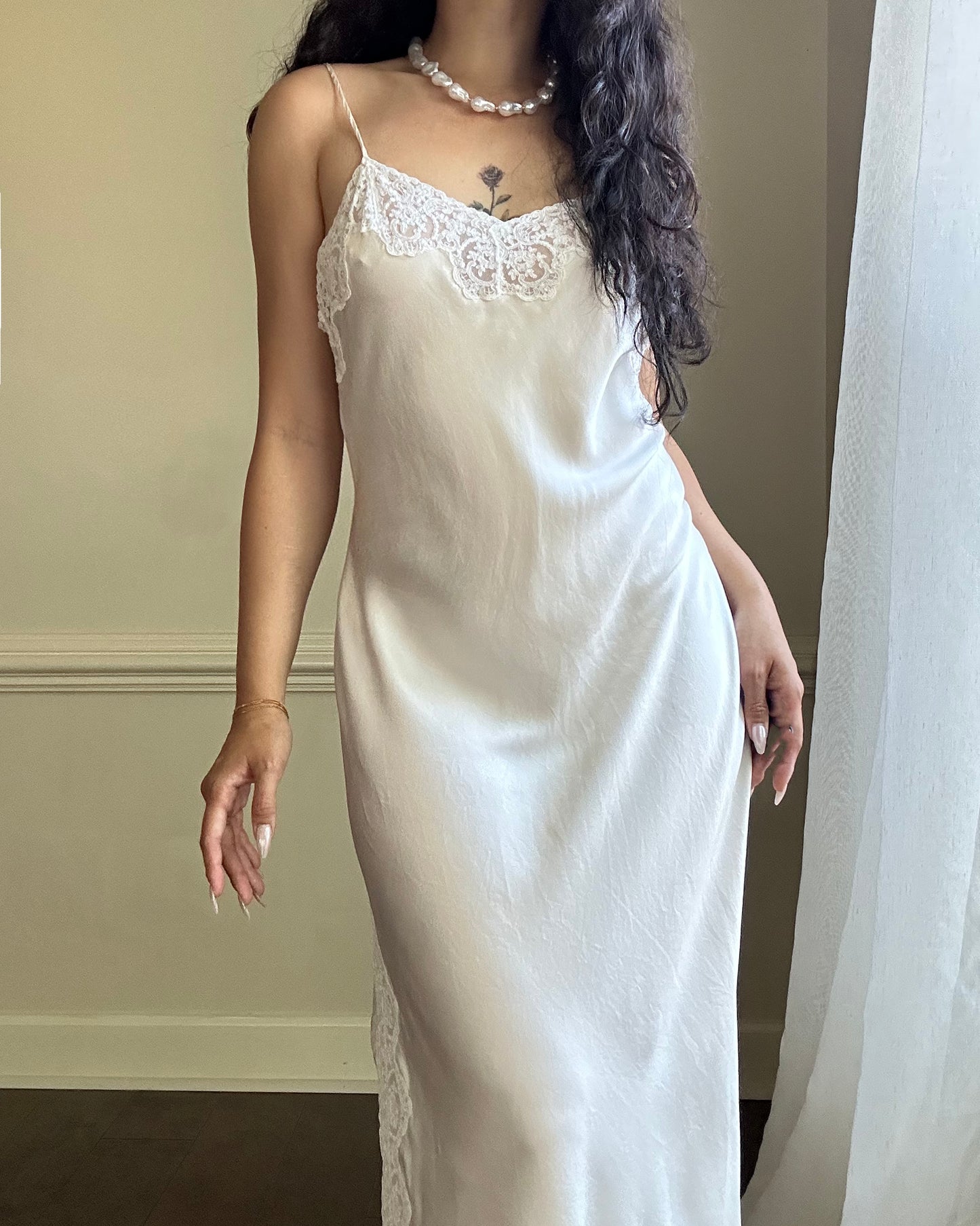 Maxi Bridal Slip Dress in Vintage Creamy featuring Lace Embroidery