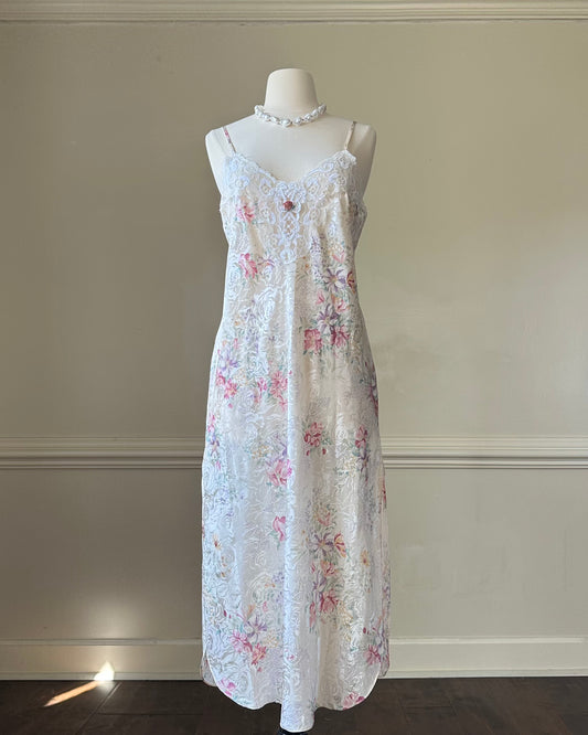 Vintage ivory satin slip dress with a bold pastel floral print