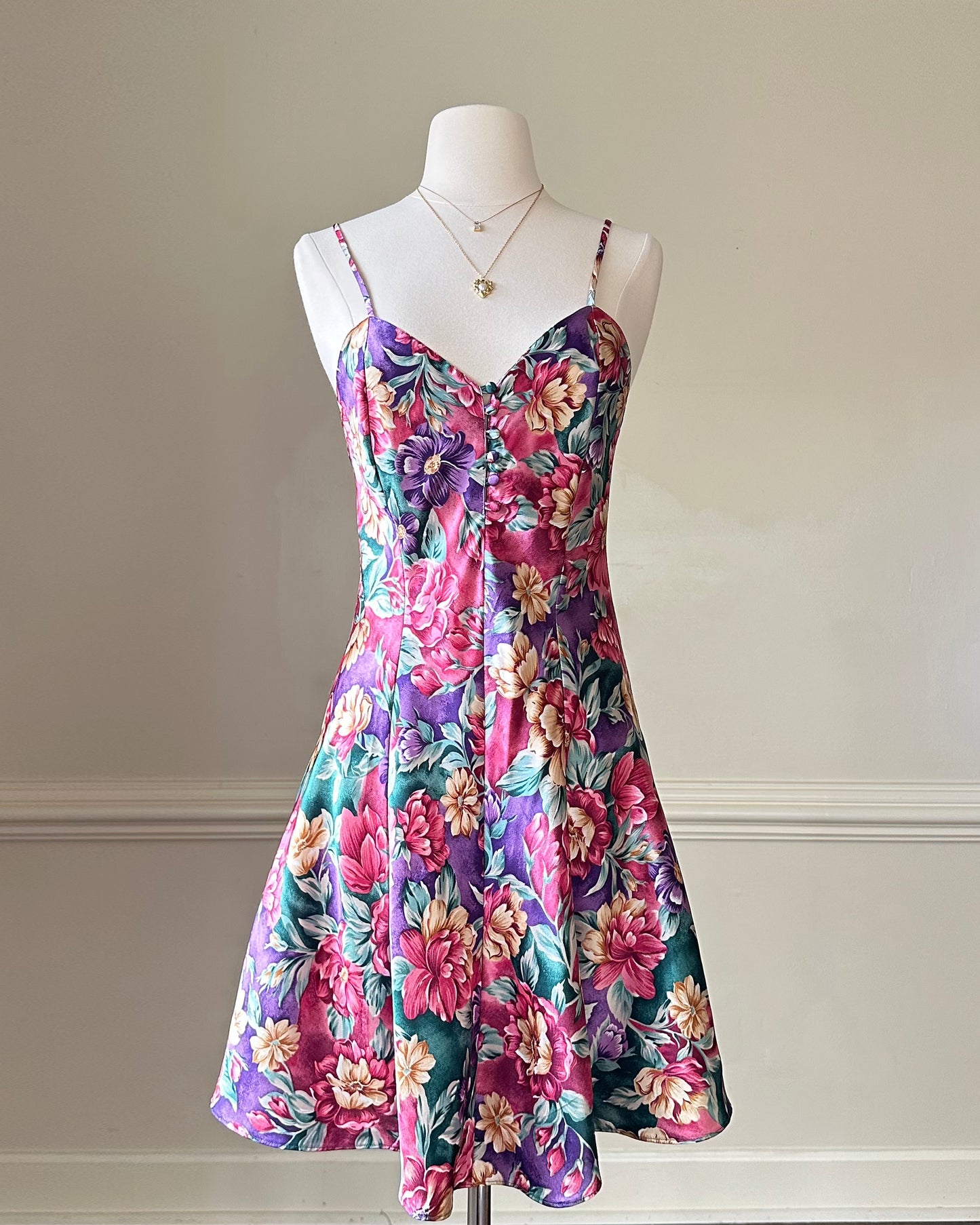 Vibrant Floral Satin Dress featuring Shades of Spring Colored Flower Bouquet Prints