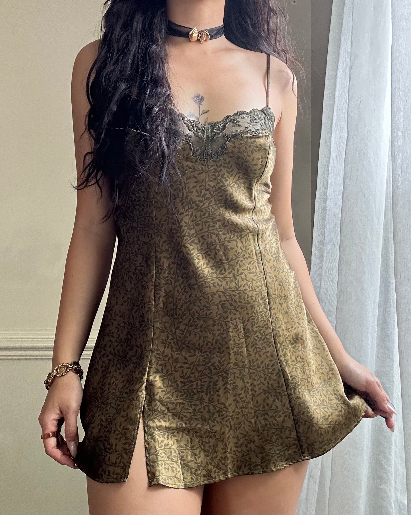 Victoria’s Secret vintage satin slip dress featuring leaf vines print on gold fabric