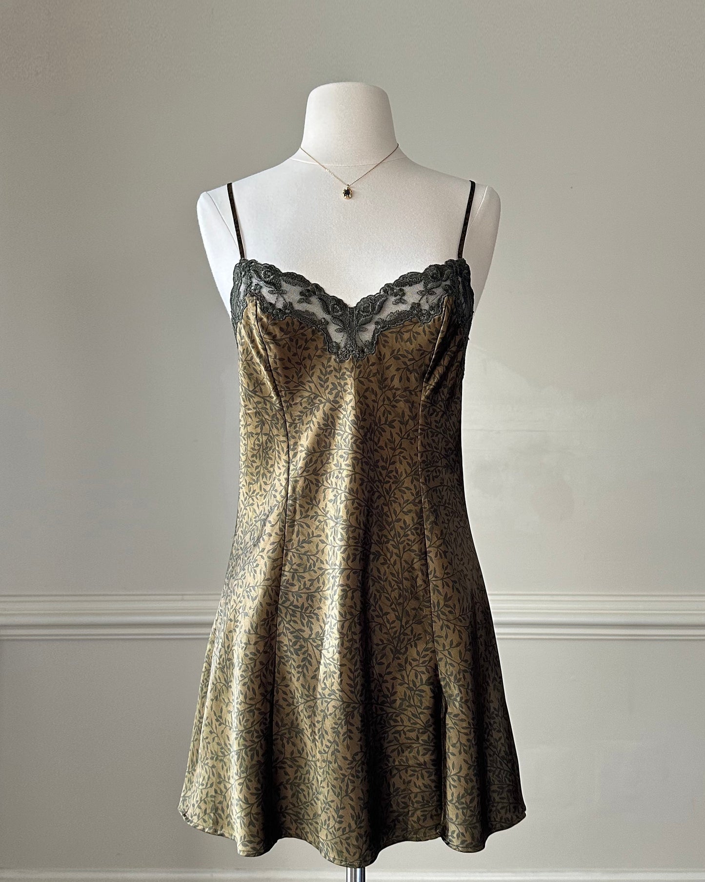 Victoria’s Secret vintage satin slip dress featuring leaf vines print on gold fabric