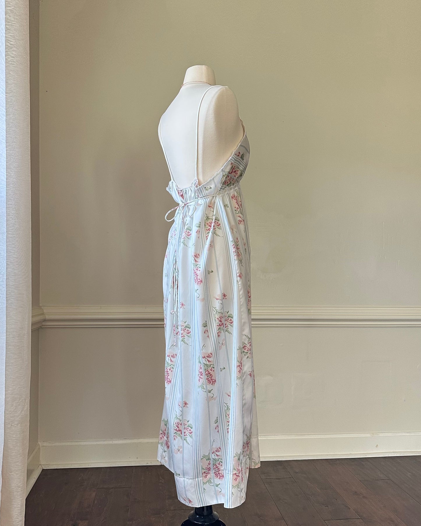 Stunning Vintage 90's Dior Maxi Satin Dress featuring Rosette Pattern with Pinstripes