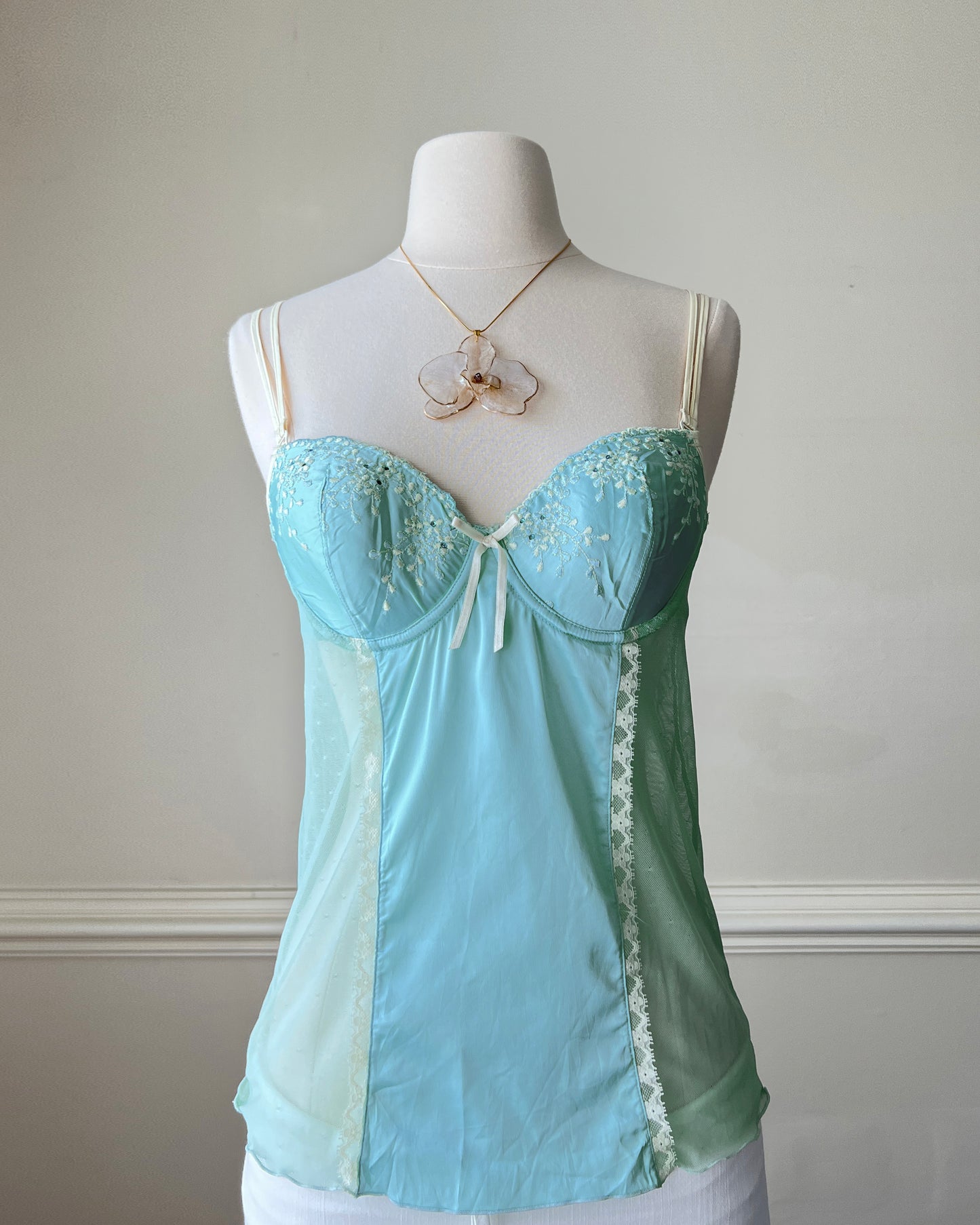 Vintage embroidered mesh cami with blue satin bust