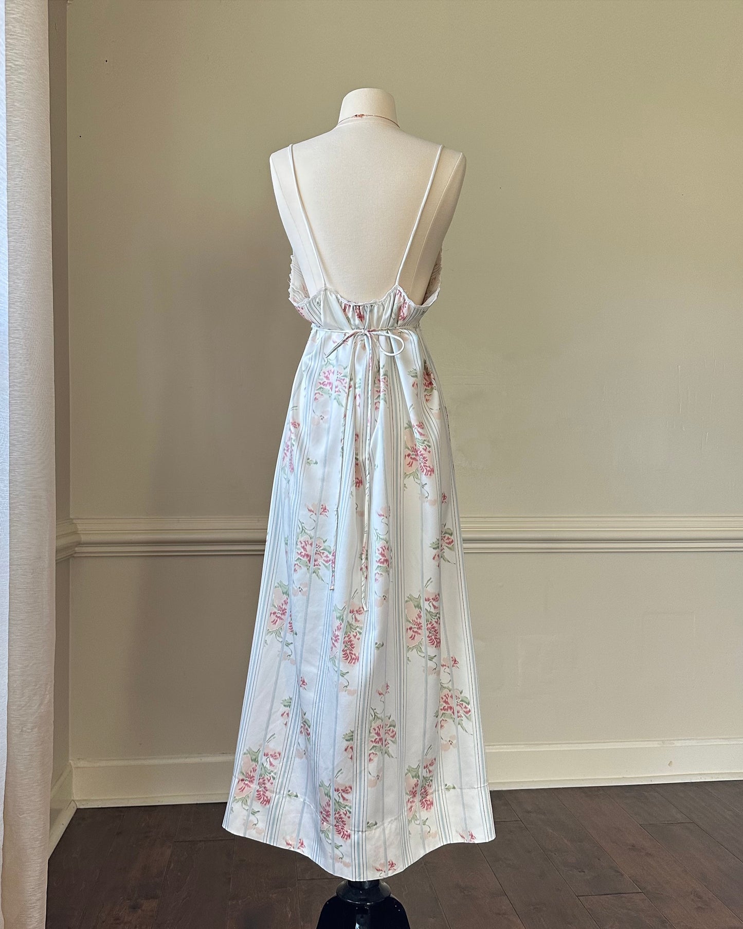 Stunning Vintage 90's Dior Maxi Satin Dress featuring Rosette Pattern with Pinstripes