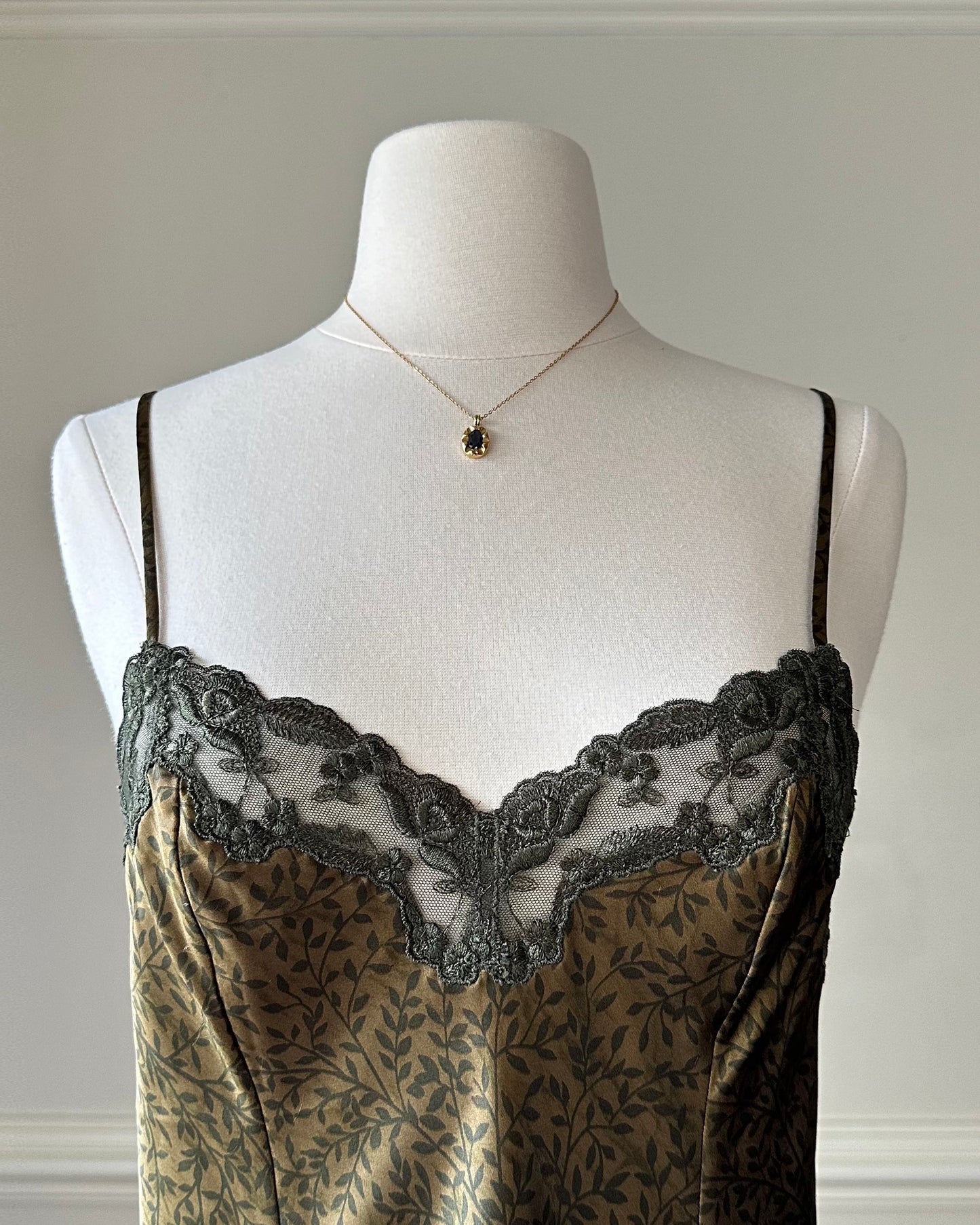 Victoria’s Secret vintage satin slip dress featuring leaf vines print on gold fabric