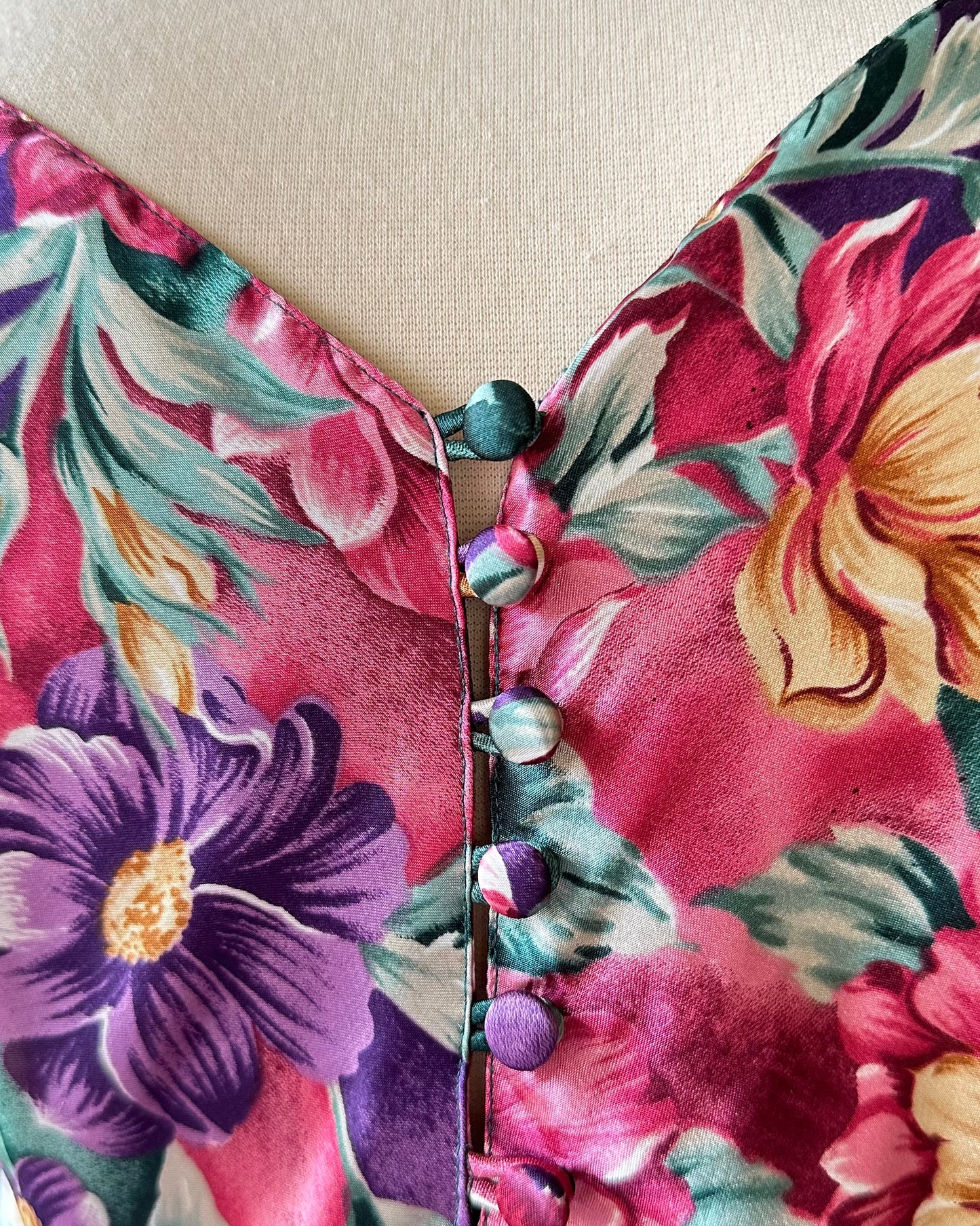 Vibrant Floral Satin Dress featuring Shades of Spring Colored Flower Bouquet Prints