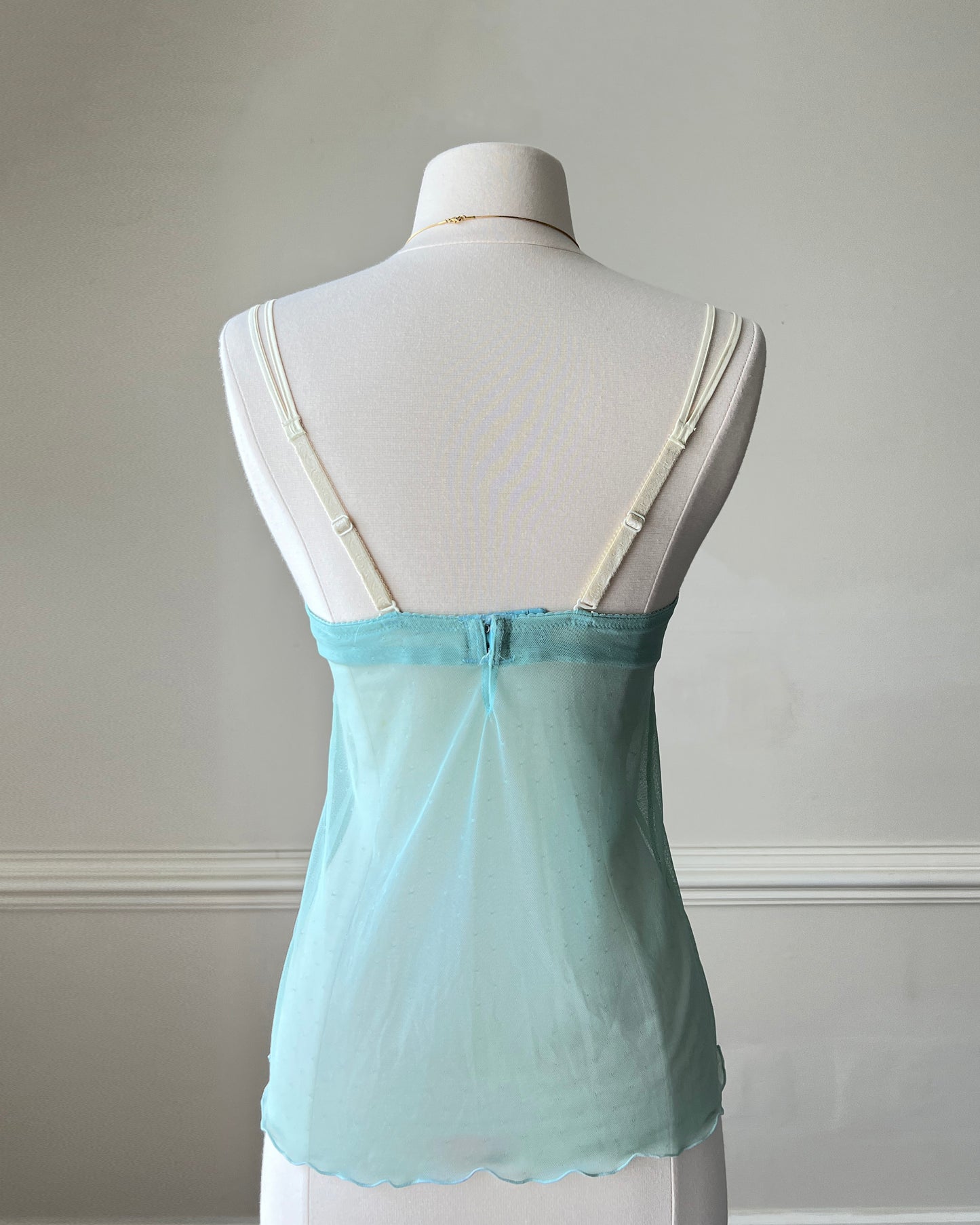 Vintage embroidered mesh cami with blue satin bust