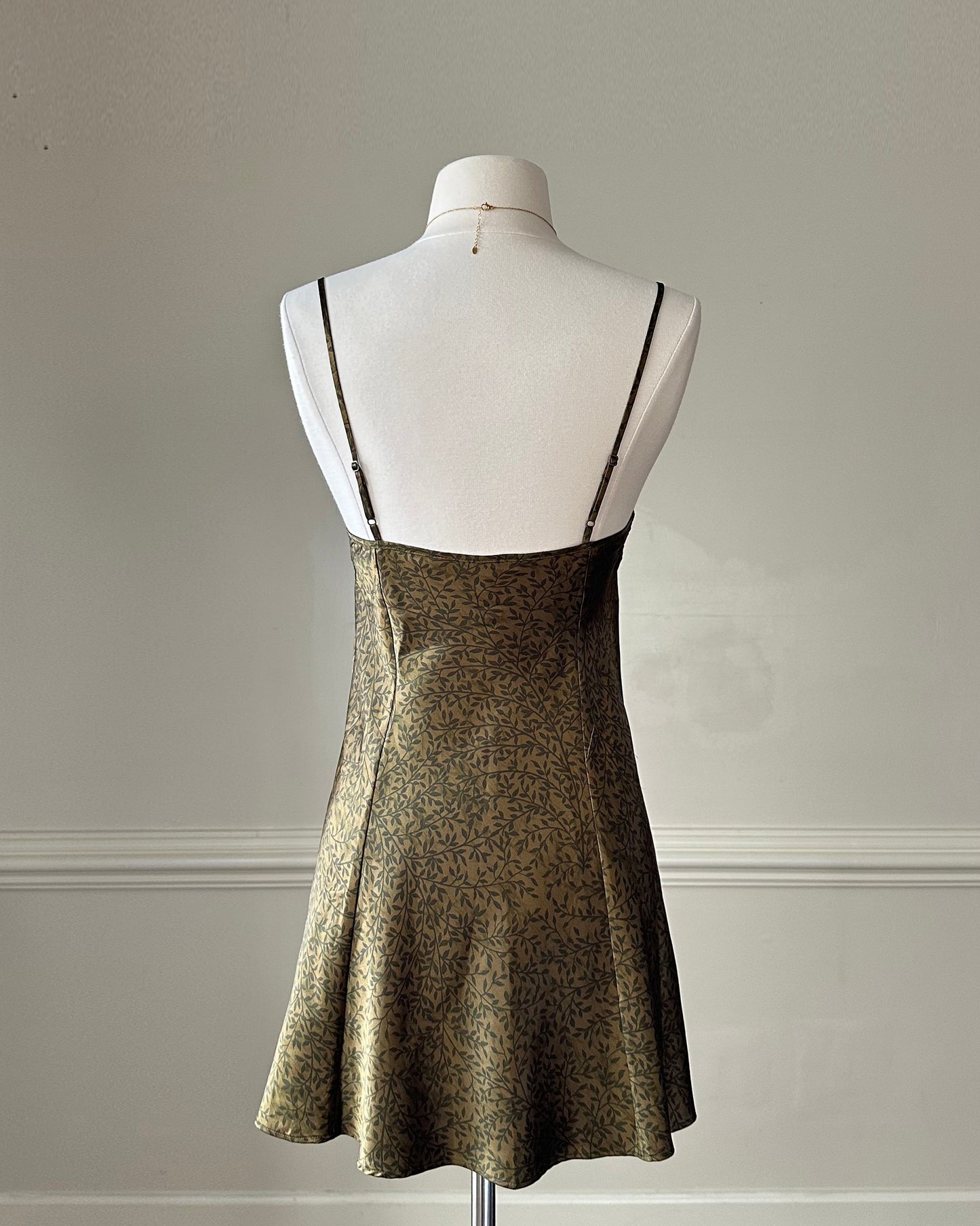 Victoria’s Secret vintage satin slip dress featuring leaf vines print on gold fabric