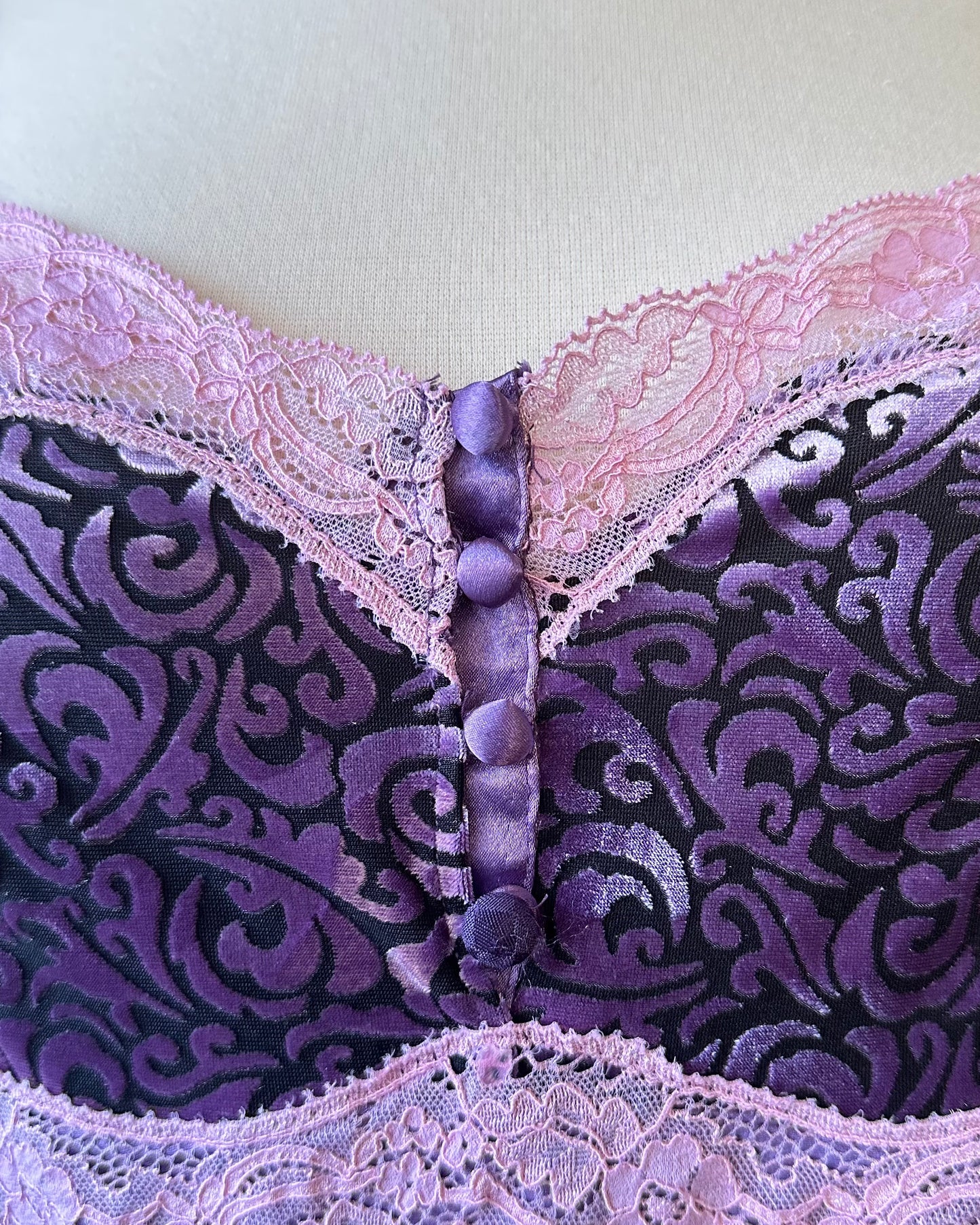 Elegant Purple Knee-Length Slip Dress featuring a Lace-trimmed Bodice