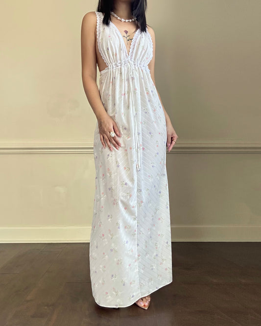Vintage white maxi nightgown with pastel floral print and subtle satin stripe texture