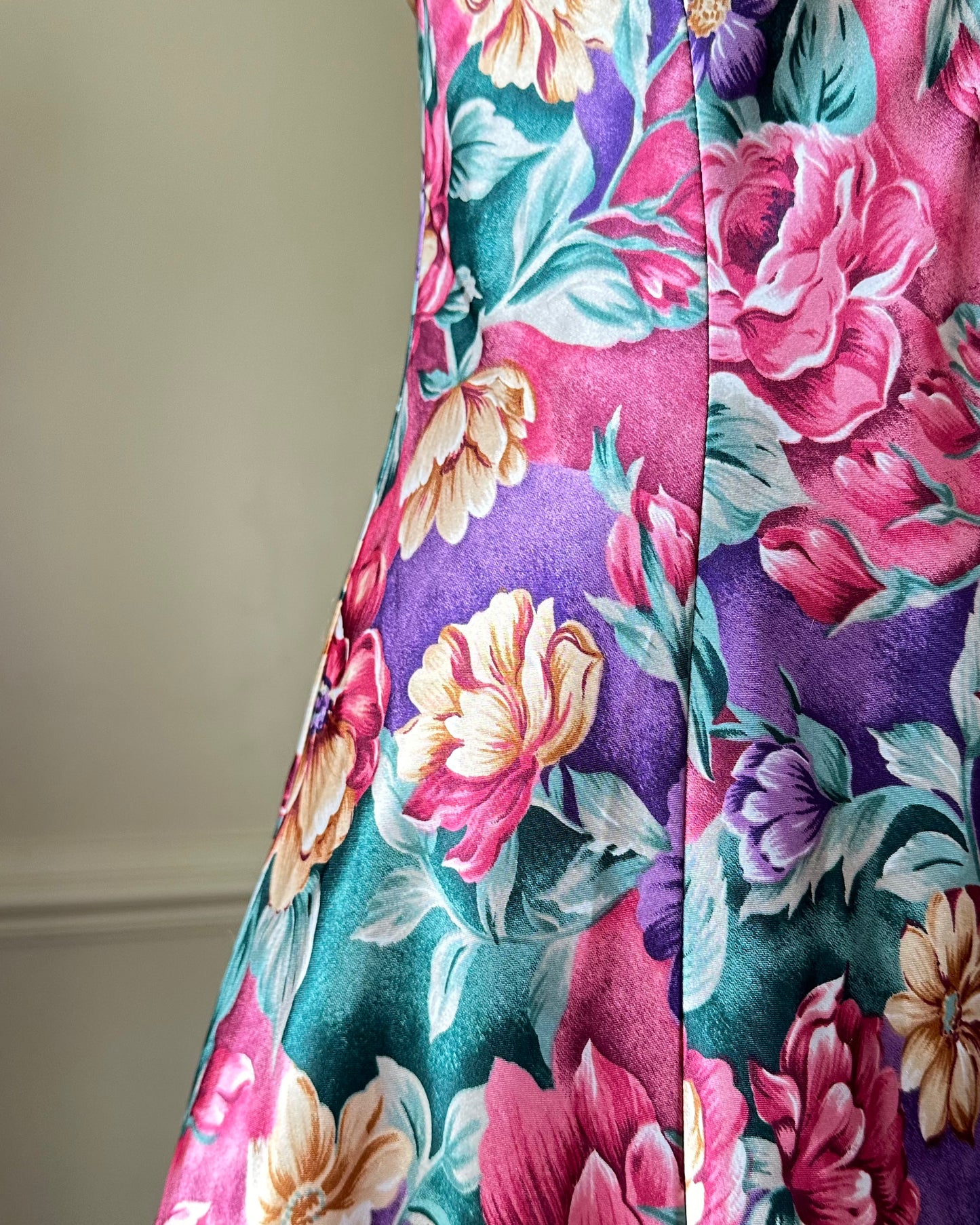 Vibrant Floral Satin Dress featuring Shades of Spring Colored Flower Bouquet Prints