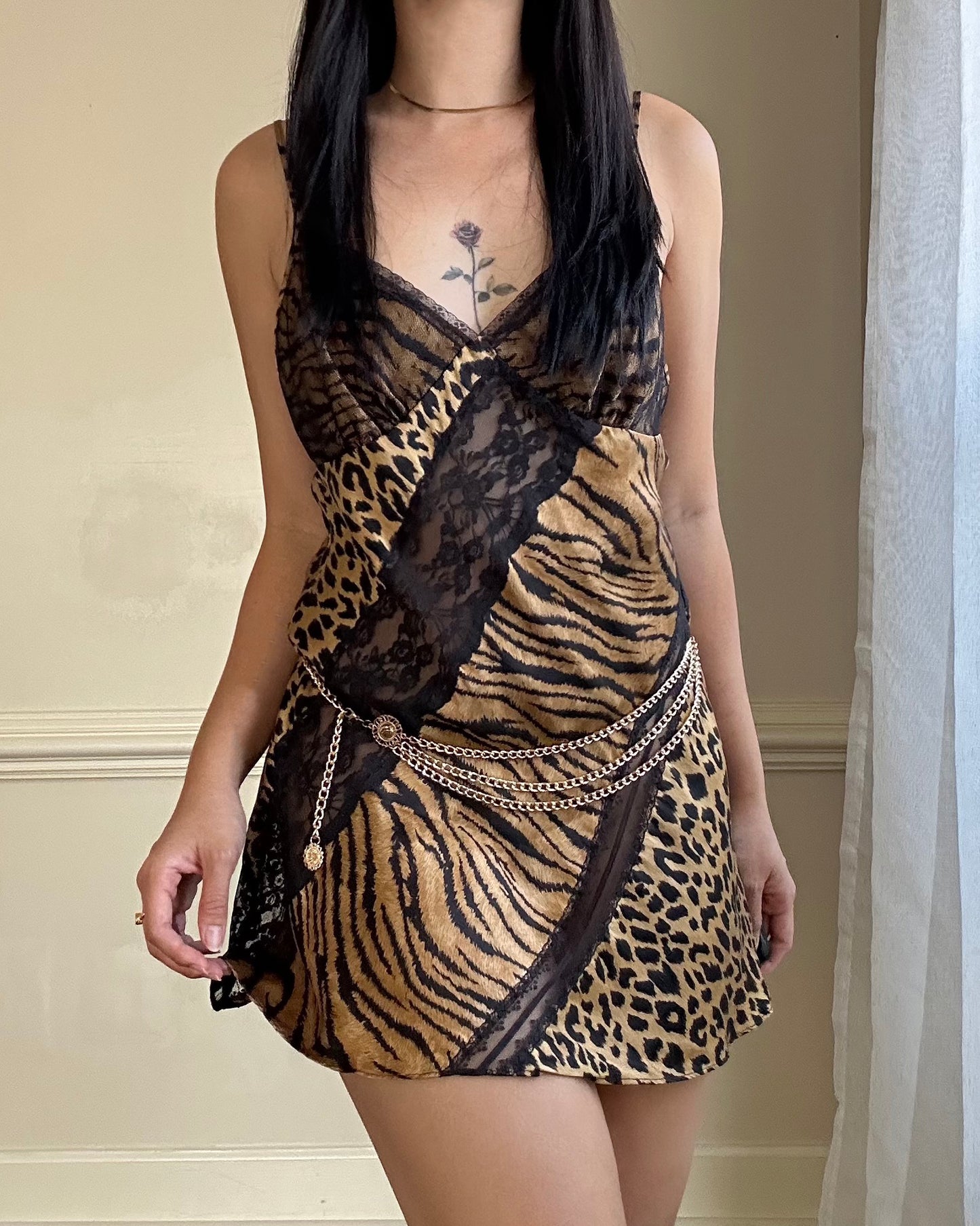 Victoria Secret’s Wild Animal Prints Slip Dress featuring Diagonal Sheer Lace Cutout